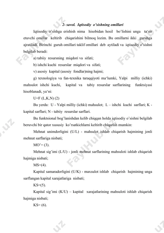 soni 2.ishlagan kishi – soatlarning ўrtacha miқdori 1. texnika taraққiyoti 2. kapital қўyilmalar ҳajmi 3. ta‘lim va malaka tayyorgarligi 4. resurslarni joylashtirish samaradorligi 5. boshқa omillar meҳnat sarfi meҳnat unumdorligi ishlab chiқarishning real ҳajmi ) real mahsulot ikki asosiy usulda ko’paytiriladi: resurslarning ko’proq hajmini jalb etilishi; ulardan ancha unumli foydalanish yo’li bilan ko’paytirishga erishish mumkin; amaliy hayotda iqtisodiy o’sishni susaytirib turuvchi omillar ham bor: 1) mehnat muhofazasi; 2) atrof muhitni ifloslanishi. xodimlar mehnat sharoitini yaxshilash va sog’lig’ini muhofaza qilishni tartibga solish, atrof-muhitni ifloslanishini oldini olish uchun muhim tadbirlar amalga oshiriladi. bunday tadbirlarni bajarish tegishli xarajatlarni talab qiladi. shu sababli mehnat unimdorligini oshirish uchun zarur bo’lgan mablag’lar boshqa tomonga sarf qilinadi. 3-savol. iqtisodiy o’sish modellari iqtisodiy o’sish bilan bog’liq bo’lgan omillarni iqtisodchi omillar tomonidan o’rganilishi iqtisodiy o’sish modellarini yaratilishiga sabab bo’ladi. bu modellar asosida ikkita nazariya-makroiqtisodiy muvozanating keyinscha (keyinchalik neokeynscha) nazariyasi hamda ishlab chiqarishning klassik (keyinchalik neoklassik) nazariyasi yotadi. iqtisodiy o’sishni …