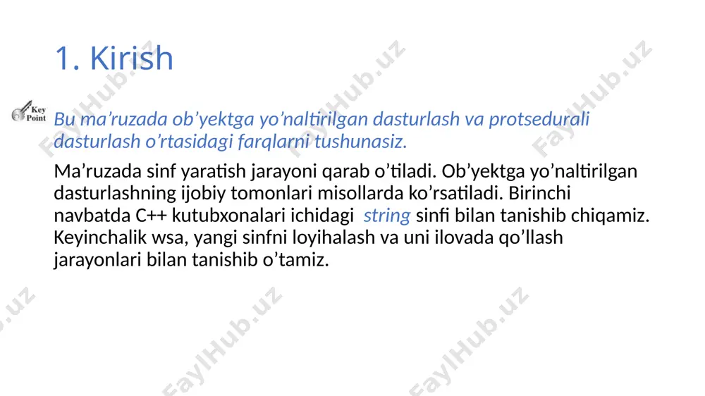 imlashni amalga oshiruvchi o’zgaruvchi. 6. statik funksiya –bu sinf nusxasisiz(ya’ni ob’yekt nomisiz) chaqirilishi mumkin bo’lgan funksiya. 7. konstant funksiyalar biror ma’lumot maydonini o’zgartirmaydi. image1.jpg image2.png image3.png image4.png image5.png image6.png image7.png image8.png image9.png image10.png image11.png image12.png image13.png image14.png image15.png image16.png image17.png image18.png image19.png image20.png image21.png image22.png image23.png image24.png image25.png image26.png image27.png /docprops/thumbnail.jpeg