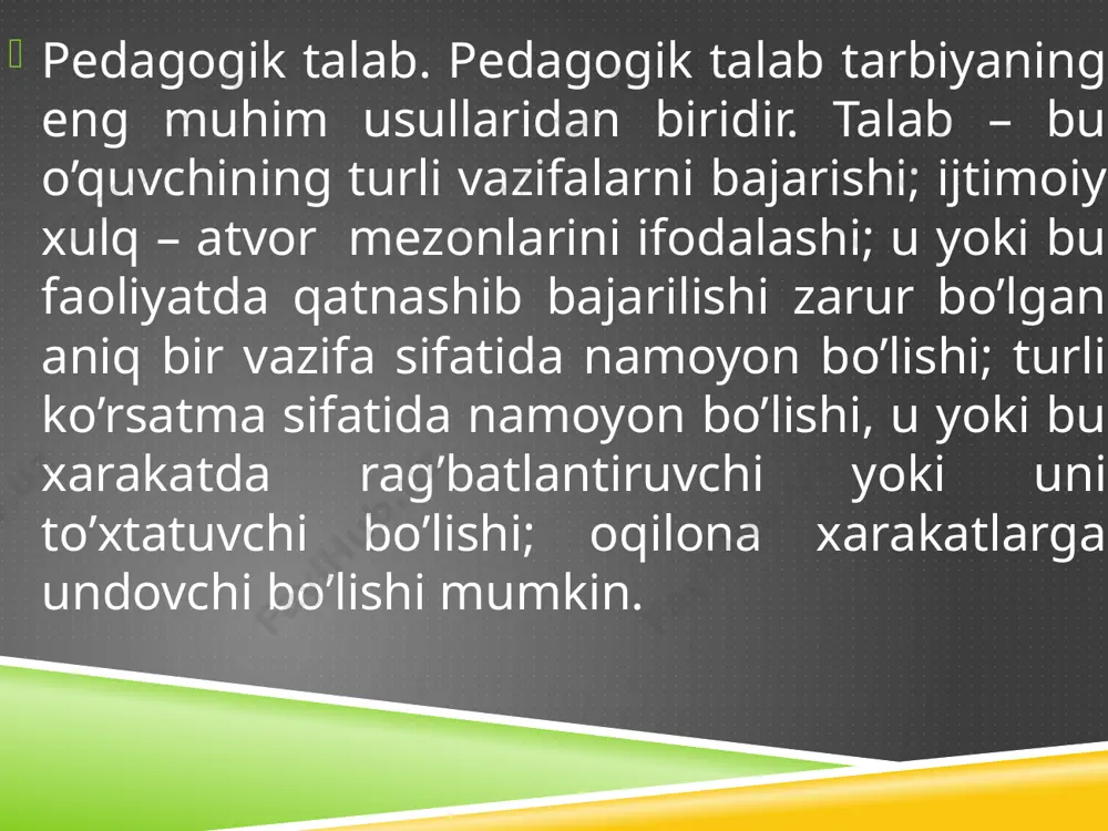 .mas’uliyat va jamoaning minnatdorchiligi; 9.safda birinchi o’rinda turish; 10.musobaqalarda bayroq ko’tarish; 11.gazetada, radioda e’lon va xokazo. “ xar qanday rag’batlantirish pedagogik talablarni xisobga olgan xolda qo’llanishi lozim. jazolash – bu tarbiyalanuvchining xatti – xarakati va faoliyatiga salbiy baxo berishdir. jazo ham o’quvchining va butun sinf manfaati uchun qo’llanadigan oxirgi tarbiya usuli. jazo choralarini qo’llashda jismoniy jazo, urish, kaltaklash mumkin emas, bolani qo’rqitish, gazablantirish ham yaxshi natija bermaydi, o’quvchi qo’rqqanidan yolg’on gapirishga o’rganadi, ikkiyuzlamachi bo’lib qoladi. maktablarda qo’llash mumkin bo’lgan jazo choralariga quyidagilar kiradi: tanbex berish – eng yengil jazo chorasidir. o’qituvchi bolaga yuzma – yuz turib tanbex beradi, buni kundaligiga yozib quyish mumkin. 6 ogoxlantirish – noma’qul xatti xarakatlarning oldini olish uchun qo’llaniladi. xayfsan berish – agar tanbex va ogoxlantirish kutilgan natijani bermasa, o’quvchi belgilangan intizomni bo’zaversa, o’quvchining aybi qay darajada va uning intizomini qanday sharoitda bo’zganini e’tiborga olib unga xayfsan e’lon qilish mumkin. uyaltirish. odamning eng nozik sezgilaridan biri …