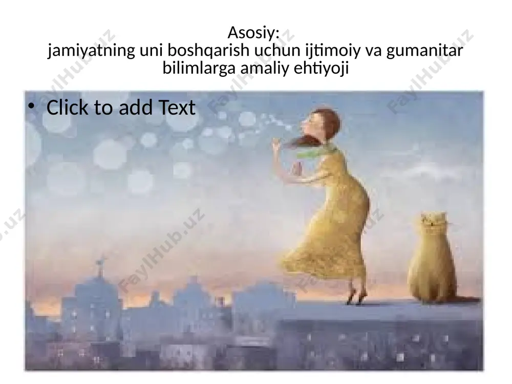 iy faoliyatining mahsullari, ya'ni, birinchi navbatda, ma'lum bir ma'noni aks ettiruvchi belgilar tizimi bo'lgan matnlar. 20 mavzu ijtimoiy-gumanitar fanlar jamiyat hayotining turli sohalarida, inson ma’naviy faoliyati mahsullarida sodir bo‘ladigan xususiyatlar, jihatlar, munosabatlar, jarayonlardir. 21 ijtimoiy fanlarning 22 ilmiy bilish usullari tabiiy-matematik va ijtimoiy-gumanitar bilimlar uchun umumiydir bilan birga , ijtimoiy-gumanitar fanlar metodlari ham o'ziga xos xususiyatlarga ega. ular sub'ekt (jamiyat tabiatdan ko'ra murakkabroq dunyo haqiqati sifatida) va maqsadlar (o'ziga xos, o'ziga xoslikni bilish) bilan belgilanadi. ijtimoiy va gumanitar fanlar. 23 ijtimoiy-gumanitar fanlar metodlari o`ziga xos xususiyatlarga ega. 24 ijtimoiy-gumanitar fanlar metodlarining xususiyatlari quyidagilardan iborat: – umumiy bilish usullari o‘zgartirilgan shaklda qo‘llaniladi, masalan, ijtimoiy-gumanitar fanlarda kuzatish ishtirokchi, eksperiment ijtimoiy va boshqalar; - ijtimoiy va gumanitar fanlar o'zlarining maxsus usullaridan foydalanadilar, masalan, so'rovlar, suhbatlar va boshqalar; – ijtimoiy va gumanitar fanlarda idografik usul asosan qo‘llaniladi usul (maqsad - noyob narsani izlash, ijtimoiy hodisalarning ma'nosini tushunish , alohida ijtimoiy faktni tushunish ). 25 …