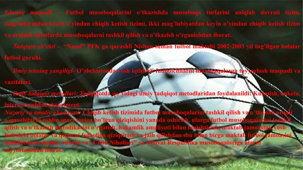 adi va uning maydondan chiqishi so’raladi; - o’yin to’xtatilganda to’p qaerda bo’lsa o’sha joydan,« baxsli to’p « yordamida o’yin yangilanadi. agar o’yinchi hakam ruxsatisiz darvozabon bilan joy almashsa: - o’yin davom etadi; - to’p keyingi marta o’yindan chiqqanda qoidani buzgan o’yinchilar sariq kartochka ko’rsatishi bilan ogoxlantirish oladilar. boshqa har qanday holatlarda qoidaning buzilishida: - shunga muvofiq o’yinchilar sariq kartochka ko’rsatish bilan ogoxlantirish oladilar. www.arxiv.uz 1.2 futbol hakamining huquqi va majburiyatlari. - o’yin qoidasiga rioya qilinishini ta’minlaydi. - matchning borishini o’z yordamchilari bilan nazorat qiladi. foydalaniladigan har kanday tupni 2- qoida talablariga mos kelishini ta’minlaydi. - o’yinchilar kiyimi 4- qoida talablariga mos kelishini ta’minlaydi. - o’yin xronometrajini va matchni yozib boradi. - u o’z ixtiyoriga ko’ra o’yinni to’xtatishi vaqtinchalik to’xtatishi yoki har qanday qoida buzilishida o’yinni umuman to’xtatib qo’yishi mumkin. - to’xtatishi, vaqtinchalik to’xtatishi yoki har qanday chetdan bo’lgan arala-shuvga matchni umuman to’xtatib qo’yish mumkin. - matchni to’xtatadi, agar uning fikricha …