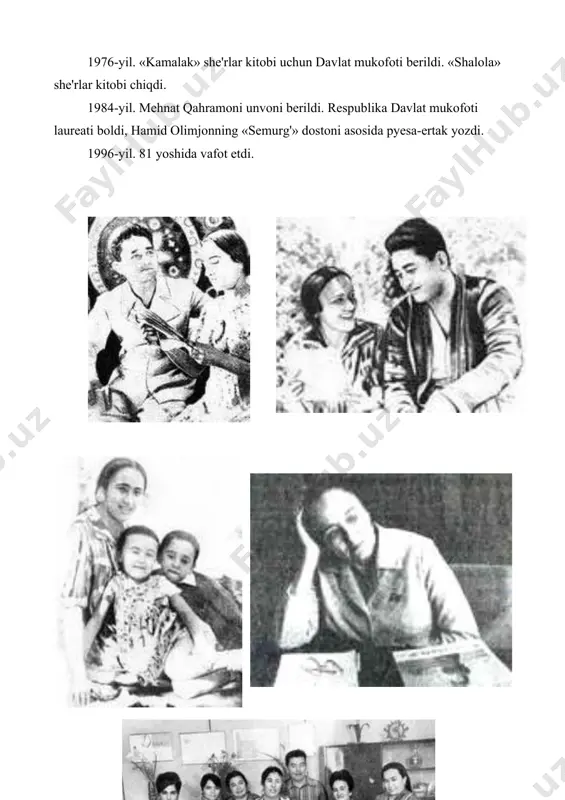she'riyati aslo eskirmaydi. uning asarlarda halol inson tuyg`ularining porloq yulduzi kabi charaqlab turadi. darhaqiqat, shoira ijodi shogirdlari qalamida davom etmoqda. uning she'rlari ham har bir yurakda yashamoqda. zero shoira aytganidek, naq shunday: yerni etib bog` oqasan kuy-mehrim, yurakdan farzandim, she'rginam, bor tezroq, makon qur eng toza yurakda. bo'yiga: 1. zulfiyaning turmush o'rtog'i. 2. shoiraning ilk she'riy to'plamining nomi. 3. shoira tavallud topgan shahar. 4. zulfiyaxonim tavallud topgan fasl. eniga: 1. shoira 1950 yildan to 1980 yilgacha faoliyat yuritgan oynoma. 2. zulfiyaning otasi isroil muslimovning kasbi. 3. zulfiya ushbu rus shoirning she'rlarini o'zbek tiliga tarjima qilgan. 4. zulfiyaga berilgan xalqaro mukofot. 5. zulfiyaning familiyasi. 6. shoiraning hamid olimjonga bag'ishlangan she'ri. 7. zulfiya o'g'lining ismi. bo'yiga: 1. zulfiyaning otasi isroil akaning kasbi. 2. shoira onasining ismi. 3. zulfiyaga berilgan xalqaro mukaukofot. 4. zulfiyaning turmush o'rtog'i, baxt kuychisi bo'lgan shoir. 5. ayriliq azobi aks etgan zulfiyaning she'rlaridan biri. 6. zulfiya portretini ishlagan o'zbek …