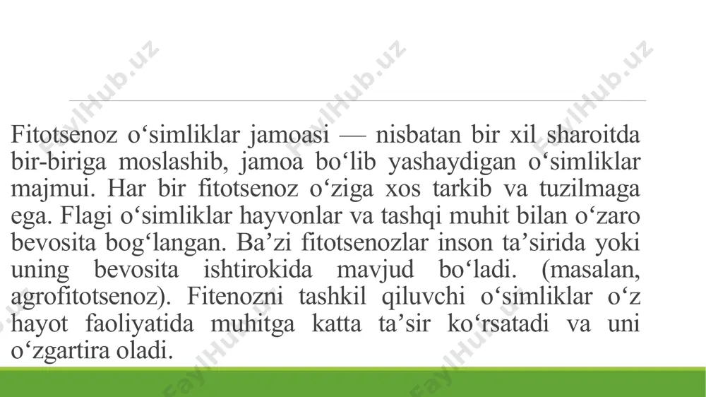 sukachev 1954 yilda fanga kiritgan. fitotsenoz maʼlum sharoitdagi tuban va yuksak oʻsimliklar majmuasi boʻlib, ular doimiy ravishda bir biri bilan aloqada boʻladi. bular hamma vaqt oʻziga xos muhit hosil qiladi. fitotsenozda koʻplab turlar mavjud boʻlib, alohida turlarning har xil holatdagi (urugʻ, koʻchat, etilgan, qari, quriyotgan) individlar yigʻindisi s e n o p o p u l ya s i ya deyiladi. t. a. rabotnov har bir fitotsenozdagi oʻsimlik turlarining yoshi, koʻrinishi, holatiga qarab quyidagicha ataydi. l a t e n t davri- urugʻ yoki sporaning tinim holida boʻlgan davri. v i r g i l davri-turning nihol holatda boʻlgan davri. bu davrda urugʻ palla mavjud boʻladi. g e n e r a t i v davri -oʻsimliklar hayotida urugʻ yoki spora hosil qilish davri, s e n i l (qarilik)- oʻsimlikning generativ koʻpayish xususiyatini yoʻqotish davri. bu oʻsimlik hayotining soʻnggi davri hisoblanadi. har qanday fitotsenoz biotsenozning muhim bir qismi hisoblanadi. …