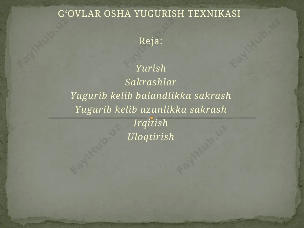 va jismoniy o‘sishiga ijobiy ta’siri bu sport turining kollejlar uchun o‘quv dasturiga kiritilishiga sabab bo‘ldi. respublikamiz tabiiy sharoiti yengil atletika bilan yil bo‘yi ochiq havoda, maydonlarda, bog‘lar va stadionlarda shug‘ullanish imkonini beradi. bu sport turi bilan issiq paytlarda yengil kiyim kiyib shug‘ullaniladi. sovuq paytlarda esa qalinroq sport kiyimi, oyoqqa keta, krassovka, shiðpaklar kiyiladi. stadionda yengil atletika bo‘yicha yugurish yoki sakrash musobaqalari o‘tkazilganda, unda qatnashuvchilar tishli shiðpaklar kiyib olishlari mumkin. u yaqin masofaga yugurishda ko‘rsatkichlarni oshirishga (2 — 3 soniyaga), uzunlikka sakrashda esa (20 — 30 sm) uzoqroqqa sakrashga yordam beradi. yengil atletika bilan shug‘ullanish chog‘ida qator qoidalarga rioya qilish zarur, bu kutilgan yaxshi natijalarga erishishga olib keladi. qoidaga ko‘ra, avval 3 — 5 daqiqa asta yuguriladi, 6 — 8 marta umumiy mashqlar bajariladi, 30 — 50 m ga tezlik bilan 2 — 3 qayta yuguriladi. bu harakatni aniq bajarish ko‘nikmasini hosil qilishga yordam beradi. so‘ng mashg‘ulot o‘tkazishga tayyorgarlik ko‘riladi. buning …