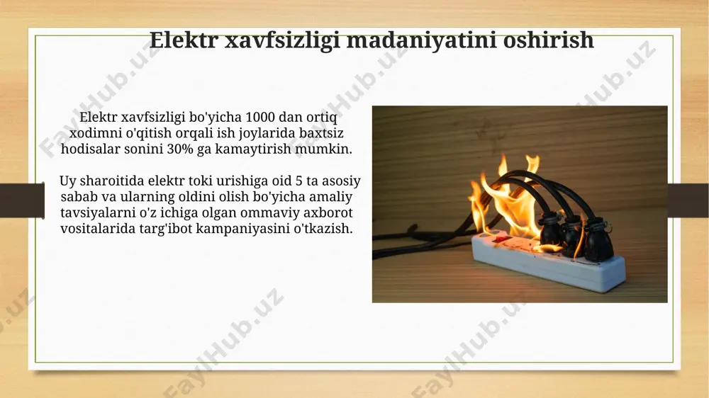 aqtning o'zida ishlatish elektr tarmog'ining haddan tashqari yuklanishiga va yong'in xavfiga olib kelishi mumkin. 220 voltlik uy elektr tarmoqlarida ishlaganda, har doim himoya vositalaridan, masalan, izolyatsiyalangan qo'lqop va poyabzallardan foydalaning, chunki yuqori kuchlanish elektr toki urishi xavfini oshiradi. elektr toki urishi oqibatlari yuqori kuchlanishli elektr toki urishi chuqur kuyishlar, mushaklarning shikastlanishi va hatto amputatsiyaga olib kelishi mumkin, shikastlanish darajasi tok kuchiga bog'liq. elektr toki urishi nafas olishning to'xtashiga va miya shikastlanishiga olib kelishi mumkin, 100 ma dan ortiq tok kuchi og'ir oqibatlarga olib keladi. elektr yong'inlari va ularning oldini olish elektr simlarining aşınması yoki noto'g'ri ulanishi 80% gacha elektr yong'inlariga sabab bo'ladi, shuning uchun muntazam tekshiruv va sifatli ta'mirlash ishlari muhimdir. elektr jihozlarini ishlatishdan oldin ularning izolyatsiyasini tekshirish, shikastlangan simlarni almashtirish va 2-3 yilda bir marta elektr tizimini professional tekshiruvdan o'tkazish yong'in xavfini sezilarli darajada kamaytiradi. elektr xavfsizligi bo'yicha mutaxassislar mutaxassislarning 85% dan ortig'i iec 60364 xalqaro standartlari va o'zbekiston …