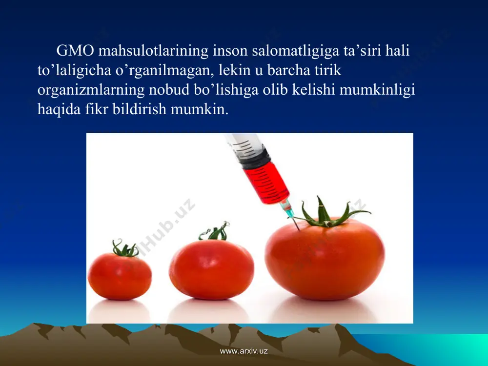 lar eksperimental biologiyasi ins­titutining genom markazidagi maxsus laboratoriyada ham bu borada tadqiqotlar olib borilmoqda. bundan tashq­ari, «o‘zstandart» agentligida mana shunday mahsulotlarni o‘rganadigan maxsus ishchi guruhi ham tuzilgan. biz ko‘pgina davlatlarning me’yorii hujjatlari bilan ham tanishdik. ularda transgen ozuqalar qanday usullar orqali tekshirilishini o‘rgandik. www.arxiv.uz www.arxiv.uz xulosa xulosa qilib aytganda, geni o‘zgartirilgan mahsulotlarni inson salomatligiga foydali yoki zararli ekanligini yanada chuqurroq o‘rganish va taqdim etish soha xodimlarining muhim vazifalaridan biri bo‘lib qolmoqda. www.arxiv.uz www.arxiv.uz