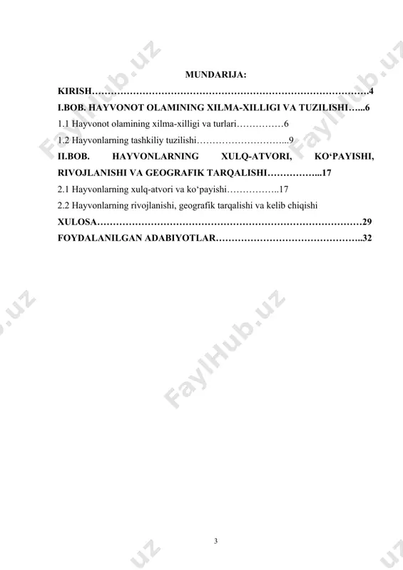xanizmlarini tushunishga yordam beradi. evolyutsiya jarayonlari haqida bilimlar nafaqat biologiyada, balki tibbiyotda, genetikada, farmakologiyada ham qo‘llaniladi. uchinchidan, hayvonlarning xulq-atvori va ko‘payish usullarini o‘rganish insonlar uchun qishloq xo‘jaligi, baliqchilik, chorvachilik kabi sohalarda samarali boshqaruvni ta’minlashga imkon yaratadi. hayvonlarning reproduktiv strategiyalarini bilish orqali ularni ko‘paytirish va ushlab turish bo‘yicha yangi texnologiyalar ishlab chiqish mumkin, bu esa oziq-ovqat xavfsizligini ta’minlashda muhim rol o‘ynaydi. to‘rtinchidan, geografik tarqalish va hayvonlarning kelib chiqishini o‘rganish orqali turli mintaqalardagi biologik xilma-xillikning paydo bo‘lish sabablarini aniqlash mumkin. bu esa tabiiy resurslarni boshqarishda, yangi himoyalanadigan hududlarni tashkil qilishda va tabiiy muhitni saqlashda ilmiy asos bo‘lib xizmat qiladi. shuningdek, bu ma’lumotlar global iqlim o‘zgarishlari va ularning organizmlar hayotiga ta’sirini tahlil qilishda zarurdir. hayvonot olamining xilma-xilligi, tuzilishi, xulq-atvori, ko‘payishi va rivojlanishini o‘rganish biologiyaning eng muhim yo‘nalishlaridan biri bo‘lib, u insoniyatning tabiat bilan uyg‘un hamda barqaror yashashi uchun fundamental ahamiyatga ega. shu bois ushbu mavzuni chuqur o‘rganish, ilmiy tadqiqotlar olib borish va amaliy …