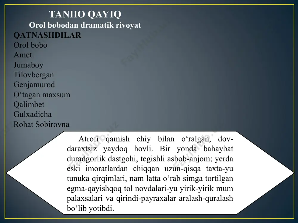 m-a, tavba! (tikila-tikila, birdan yuzi yoris hadi.) yo‘-o‘q, suv bu, suv! qara, oftobda shishaday yalt-yult qilyapti jonivor!.. orol qaytib kelibdi! orolim! bir kechada suvga to‘libdi, yashasin, dod! ana – mavjlari! ana – to‘lqinlar! vah, qayiqlar ham suzib yuribdi!.. (u huvillab qolgan ovul tomlaridagi uzoq-yaqin qayiqlarni o‘zicha sanay ketadi.) bir, ikki, uch... yetti, sakkiz, to‘qqiz... iye, shoshma, suv nega buncha sarg‘ish? ana, mavjlari ham, to‘lqinlar ham sap-sariq!.. ha-a, bo‘ldi, bo‘ldi – loyqalangan. loyqalanib-loyqalanib to‘ladi-da suv! ammo... xuddiki qum deysan, qumning o‘zginasi-ya!.. ko‘zingni yiribroq qarasang-chi, kallavaram, qum bo‘lmay nima u axir?! orol suvga to‘lganmish! suvlari mavjlanib yotganmish! sen yasagan qayiqlar suzib yurganmish!.. har erta shu ahvol-a! tushingni ana – qumga, qumliklarga ayt! he, esini yegan telba chol! oroling seni tashlab ketganiga necha zamonlar bo‘ldi-ku! endi qaytmaydi u, ey nodon! sen esa bir ovulda bir o‘zing so‘ppayib o‘tiribsan. qo‘ni-qo‘shni ovuldoshlaring allaqachon ko‘ch-ko‘ronini ko‘targan, hovli-joylari boyo‘g‘liga makon bo‘lib yotibdi, ana! lekin – har birining …