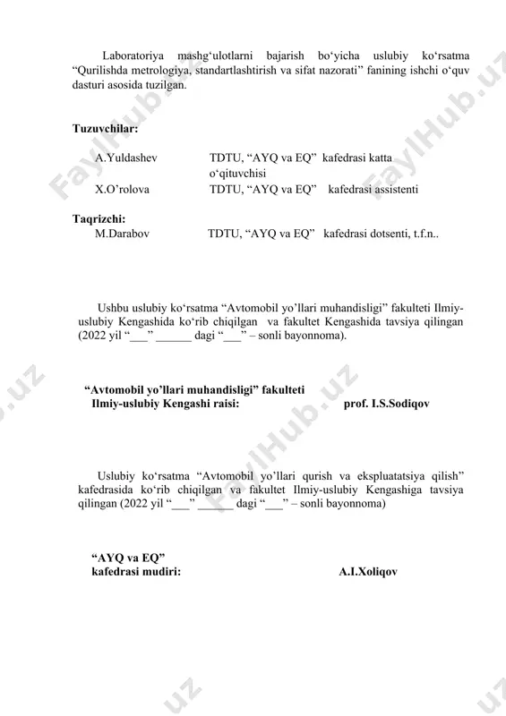 ish ushbu fanni o‘qitishdan maqsad - talabalarda metrologiya, standartlashtirish, sifat nazorati va sertifikatlashtirish metodikalari, yo‘l qurilishida sifat nazoratini tashkil etish, mavjud me’yoriy hujjatlardan unumli foydalanish yo‘nalishlari bo‘yicha mos bilim, ko‘nikma va malakalarni shakllantirishdan iboratdir. talabalar ushbu fandan laboratoriya mashg’ulotlarida metrologiya, standartlashtirish, sifat nazorati va sertifikatlashtirishning turlari, tuzilishi, atamalarning tasnifi hamda yo‘l qurilishn ishlarida majburiy sertifikatsiya ro‘yhatiga kiruvchi materiallarni sertifikatsiya sinovlaridan o‘tkazish tartib va qoidalarini o‘rganadilar. o‘zbekiston respublikasida metrologiya, standartlashtirish va sifat nazoratiga oid qonunlar va amal qiluvchi me’yoriy hujjatlarni, metrologiya fanining maqsadi, vazifalari, asosiy tushunchalari, ta’riflari va usullarini, o‘lchash vositalarini tekshiruvdan o‘tkazish, tuzatish va sertifikatlash qoidalarini, mahsulot sifatini baholash usullarini, mahsulot sifatini ta’minlash va standartlashtirishning huquqiy asoslarini, mahsulotlarni sertifikatlashtirishdagi ko‘rsatkichlarni to‘g‘ri aniqlashni bilib oladilar. uslubiy ko’rsatma 7 ta laboratoriya mashg’ulotlaridan iborat bo’lib, ular fan va ishchi dasturga to’liq mos keladi. 1-laboratoriya ishi mavzu: o‘lchov vositalarining metrologik xususiyatlarini aniqlash. ishdan maqsad: misolda o'lchov vositasini metrologik xususiyatlarini standart talablariga mosligini aniqlash va …