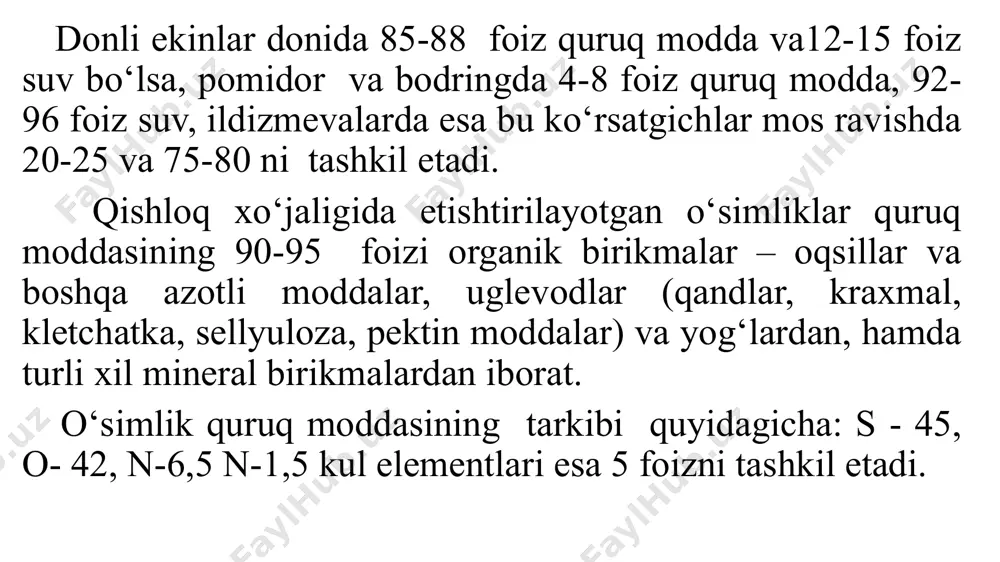 ,10 o‘simliklar tarkibidagi kimyoviy elementlarning o‘rtacha miqdori, % hisobida (vinogradov malumoti). ekin turi azot kul elementlari jami kul miqdori p2o5 k2o mgo cao bug‘doy: doni 2,50 0,85 0,50 0,15 0,07 1,7 somoni 0,50 0,20 0,90 0,10 0,28 4,8 makkajo‘xori (don) 1,80 0,57 0,37 0,20 0,03 1,5 arpa: doni 2,10 0,85 0,55 0,16 0,10 3,0 somoni 0,50 0,20 1,00 0,09 0,33 4,5 sholi (tozalangan) 1,20 0,81 0,31 0,18 0,07 5,2 no‘xat: doni 4,50 1,00 1,25 0,13 0,09 2,6 somoni 0,65 1,15 - 0,14 0,35 1,4 loviya: doni 3,68 1,38 1,72 0,29 0,24 3,9 soya (doni) 5,80 1,04 1,26 0,25 0,17 2,8 g‘o‘za: chigiti 3,00 1,10 1,25 - - - tolasi 0,34 0,06 0,91 - - - qand lavlagi 0,24 0,08 0,25 0,05 0,06 0,6 kartoshka tuganagi 0,32 0,14 0,60 0,06 0,03 1,0 karam boshi 0,33 0,10 0,35 0,03 0,07 0,70 pomidor 0,26 0,07 0,32 0,06 0,04 0,70 sabzi 0,18 0,11 0,40 …