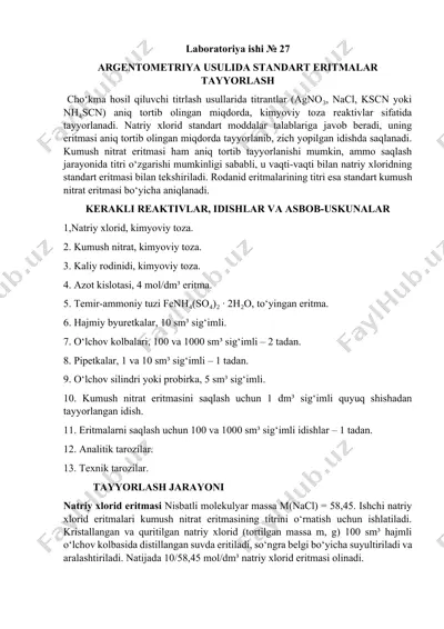 argentometriya usulida standart eritmalar tayyorlash va xloridlarni titrlash bo‘yicha laboratoriya ishi — DOCX