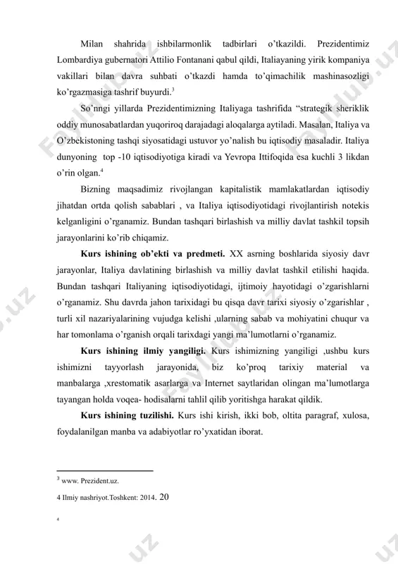 tarixiy material va manbalarga ,xrestomatik asarlarga va internet saytlaridan olingan ma’lumotlarga tayangan holda voqea- hodisalarni tahlil qilib yoritishga harakat qildik. kurs ishining tuzilishi. kurs ishi kirish, ikki bob, oltita paragraf, xulosa, foydalanilgan manba va adabiyotlar ro’yxatidan iborat. i.bob. xix asrning o`rtalarida italiyaning birlashtirish uchun kurash italiya tarixi qadimgi davrni, o’rta asrlarni va yangi davrni o’z ichiga oladi.klassik antik davrdan boshlab italiya yarim orolida qadimgi etrusklar, turli kursiv xalqlar, keltlar, magna gretsiya mustamlakachilari va boshqa qadimgi xalqlar yashab kelgan.antik davrda italiya rimliklarning vatani va rim imperiyasi provinsiyalarining metropoliyasi bo‘lgan. rim qirollik sifatida miloddan avvalgi 753 yilda tashkil etilgan va miloddan avvalgi 509 yilda rim monarxiyasi senat va xalq hukumati foydasiga ag’darilganda respublikaga aylandi.keyinchalik rim respublikasi yarim oroldagi etrusklar, keltlar va yunon mustamlakachilari hisobiga italiyani birlashtirdi.rim italiyalik xalqlar konfederatsiyasi bo’lgan socii boshqargan va keyinchalik rimning kuchayishi bilan g’arbiy evropa, shimoliy afrika va yaqin sharqda hukmronlik qilgan.rim imperiyasi koʻp asrlar davomida gʻarbiy yevropa …