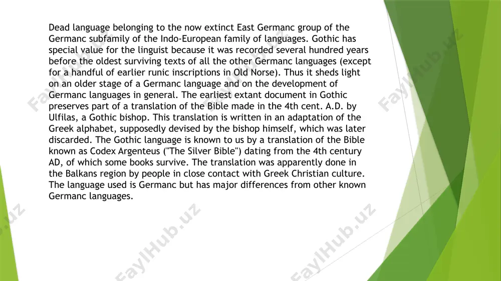 re are some gothic letters of runic or latin origin. principal features of gothic as all the germanc languages gothic also has the stress on the first syllable. noun and adjectives: gothic has five cases:  nominative:for nouns acting as the subject of the sentence  genitive: expresses possessive relationships  dative: for nouns acting as the indirect object  accusative: for nouns acting as the direct object  vocative:for the person addressed (it is usually the same form as the nominative). nouns: the inflectional ending depends on: ▪the stem of the word: the stems include a-, ia-, 0-, i-, u- and n-stems. these terms refer to the reconstructed primitive germanc (eg bird: "fug/s" is an a-stem, cf the primitive germanc word: *fuglaz). ▪the gender of the word: gothic has masculine, feminine and neuter nouns. ▪whether the word is singular or plural. adjectives: the adjective takes the same gender, number …