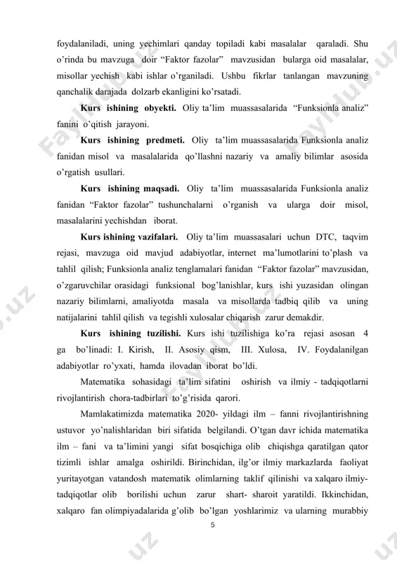 atematika ta’limotining ta’lim olish bosqichlari o’rtasidagi uzviylik to’liq ta’minlanmagan; ikkinchidan, umumta’lim maktablarida matematika darsliklari o’quvchilarning yoshiga nisbatan fanni o’zlashtirish qiyinlashtiruvchi murakkab masalalardan iborat va boshqa fanlarda o’tiladigan mavzular bilan uyg’unlashtirilmagan; uchinchidan, matematikaga qiziquvchan, xalqaro olimpiadalar g’oliblari bo’lgan aksariyat iqtidorli yoshlarimiz hududlardan bo’lishiga qaramasdan ularning kelgusi rivojlanishi uchun oliy ta’lim va ilm- fan sohasida zarur shart – sharoit yaratib berilmagan; to’rtinchidan, matematika sohasidagi ilmiy- tadqiqotning amaliyot va ishlab chiqarish bilan bog’liqligi zaifligicha saqlanib qolmoqda; beshinchidan, sohadagi olimlarning xorijiy ilmiy va ta’lim muassasalari bilan aloqalari milliy matematikani jahon miqyosiga olib chiqish, xalqaro hamjamiyatda nufuzini oshirish uchun yetarli emas. ta’limning barcha bosqichlarida matematika fanini o’qitish tizimini yanada takomillashtirish, pedagoklarning samarali mehnatini qo’lla- quvvatlash, ilmiy- tadqiqot ishlarining ko’lamini kengaytirish va amaliy ahamiyatini oshirish, xalqaro hamjamiyat bilan aloqalarni mustahkamlash, shuningdek, 2017- 2021- yillarda o’zbekiston respublikasini rivojlantirishning beshta ustuvor yo’nalishi bo’yicha xarakatlar strategiyasini “ ilm, ma’rifat va raqamli iqtisodiyotni rivojlantirish yili ” da amalga oshirishga oid …