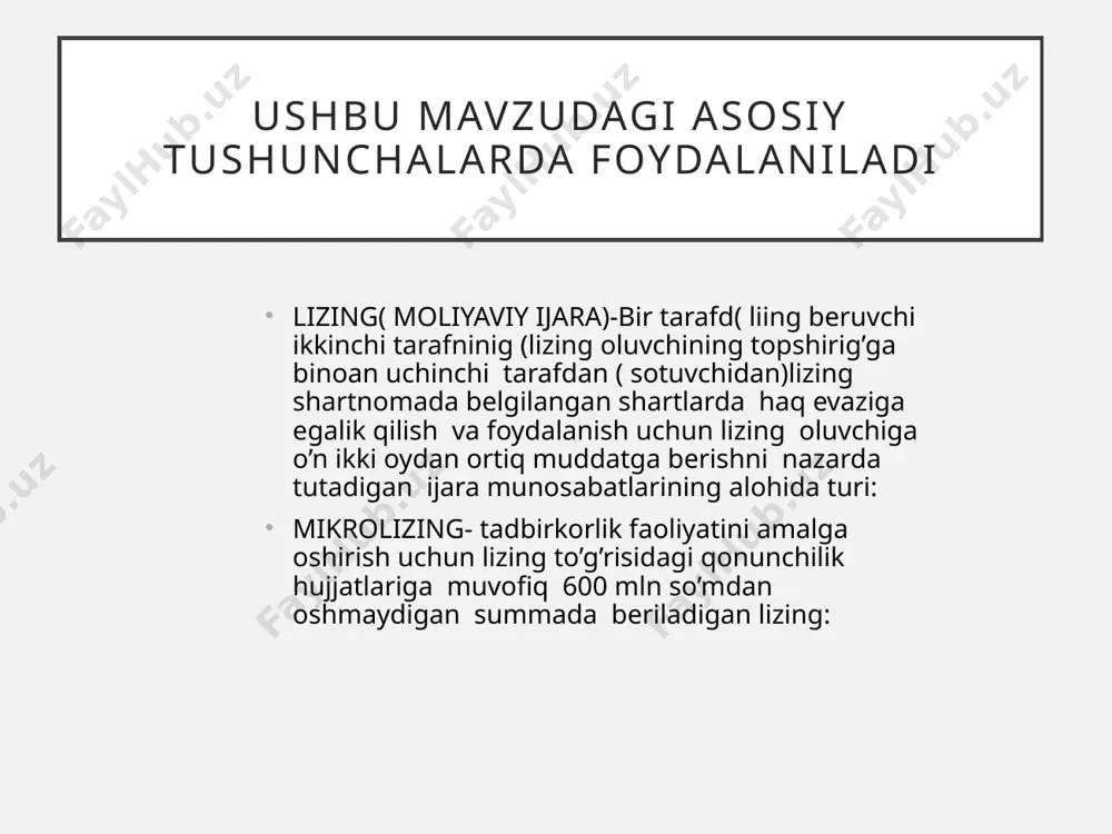 dalolatnomalari, moliyaviy natijalar to‘g‘risida hisobot (2-son shakl), yangi tashkil etilgan yuridik shaxslar hamda yakka tartibdagi tadbirkorlar, yuridik shaxs tashkil etmagan holda faoliyat yuritayotgan dehqon xo‘jaliklari bundan mustasno. . buyurtma lizing beruvchi bank tomonidan ko‘rib chiqilayotganda quyidagilarning tahlili amalga oshiriladi: buyurtma beruvchi daromadlarining lizing to‘lovlarini amalga oshirish uchun yetarliligi; buyurtmada bayon etilgan ma’lumotlarning bir-biriga zid emasligi; lizing beruvchi bank oldidagi majburiyatlarni buyurtma beruvchi tomonidan o‘z vaqtida bajarish imkoniyatining mavjudligi. . lizing oluvchining buyurtmasi bo‘yicha lizing beruvchi bank tomonidan lizing operatsiyasini amalga oshirish yoki oshirmaslik to‘g‘risida qaror qabul qilish muddati buyurtma bankka kelib tushgan kundan boshlab 30 ish kunidan, mikrolizing operatsiyasini amalga oshirish bo‘yicha esa 10 ish kunidan oshmasligi lozim. 7 lizing to’g’risida”gi qonunga muvofiq ,lizing shartnomasi quyidagi shartlardan biriga javob berishi kerak a) lizing shartnomasining muddati tugagach, lizing obyekti lizing oluvchining mulki bo‘lib o‘tsa; b) lizing shartnomasining muddati lizing obyekti xizmat muddatining 80 foizidan ortiq bo‘lsa yoki lizing obyektining lizing shartnomasi …