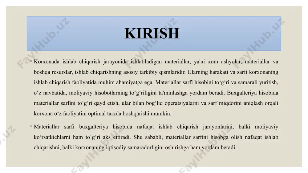 qilinishi bo‘yicha o‘rtacha narxni hisoblash. bu narxga asoslangan holda, materiallarning qiymati va sarf miqdori aniqlanadi. bir martalik narx usuli: ushbu usulda har bir materialning sotib olish narxi va sarfi alohida hisoblanadi. har bir tovar yoki material uchun narx o‘ziga xos bo‘ladi. fifo (first in, first out): bu usulda materiallar birinchi sotib olinganidan birinchi sarf qilinadi deb hisoblanadi. fifo usuli bo‘yicha materiallarning qiymati va sarf miqdori aniqlanadi. lifo (last in, first out): bu usulda materiallar oxirgi sotib olinganidan birinchi sarf qilinadi deb hisoblanadi. bu usulda materiallarning oxirgi xarid narxi asosida hisob-kitoblar amalga oshiriladi. materiallar sarfi va ishlab chiqarish samaradorligi materiallar sarfi ishlab chiqarish jarayonida ishlatiladigan barcha resurslarning qimmatini ifodalaydi. ushbu hisobni to‘g‘ri yuritish korxonaning iqtisodiy holatini yaxshilashga xizmat qiladi. materiallar sarfi hisobini yuritishda samarali tizimlarni qo‘llash, ishlab chiqarish jarayonida materiallarning isrofini kamaytirishga imkon beradi. yaxshi tashkil etilgan materiallar sarfi hisob-kitoblari quyidagi natijalarga olib keladi: ishlab chiqarish jarayonlarining samaradorligi oshadi. korxona resurslarini …