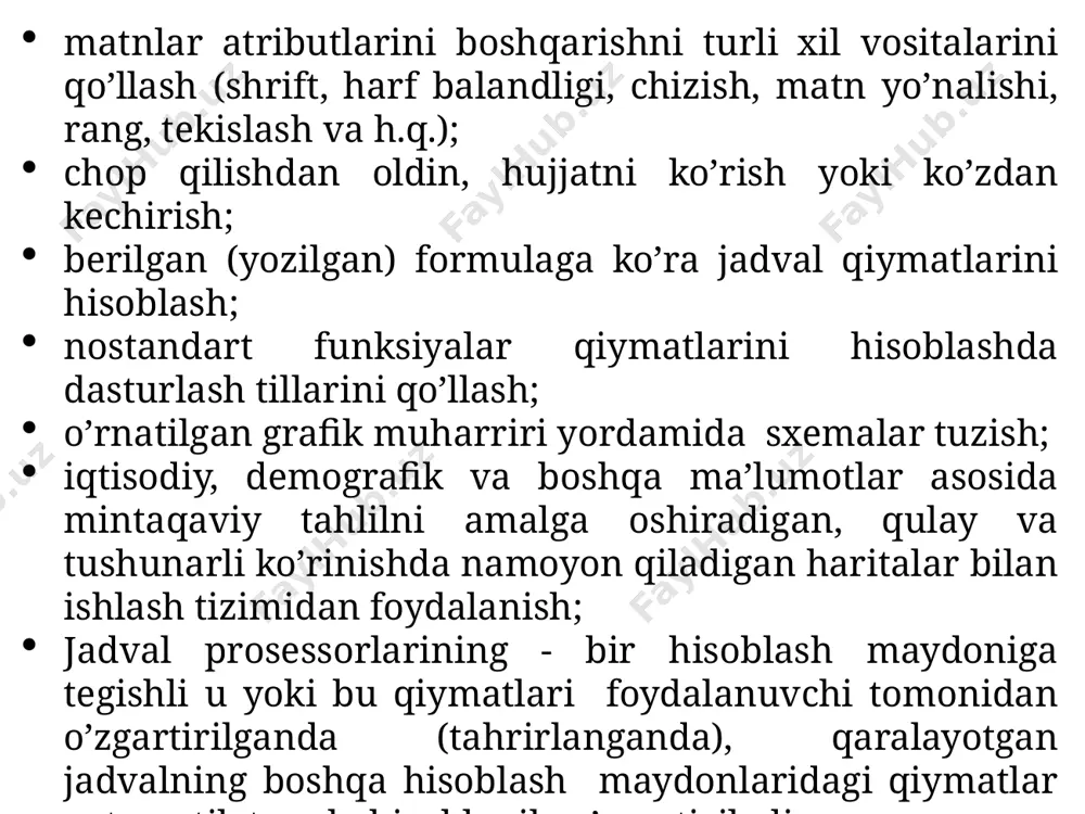 dir. zamonaviy elektron jadvallari hisoblash natijalarini turli hil diagrammalar yordamida taqdim qilish, ilyustrasiyalardan foydalanish va natijalarni rasmiylashtirishni boshqa imkoniyatlaridan foydalanishga imkon beradi. elektron jadvallarni qo’llanish sohalari: buxgalteriya va bank hisoblarida zaxiralarni taqsimlashni rejalashtirishda; loyiha – smeta ishlarida; muxandislik-texnik hisoblashlarda; katta massivli axbortlarni statistik qayta ishlashlarda; dinamik jarayonlarni tadqiq qilishda. elektron jadvallarni asosiy imkoniyatlari: foydalanuvchi tomonidan berilgan formulalarga asosan hisoblash ishlarini amalga oshirish; optimallashtirish masalalarini yechish; hisoblash natijalariga asosan tahlil va modellashtirish ishlarini amalga oshirish; jadval va hisobotlarni rasmiylashtirish; talab qilingan diagrammalarni tuzish; berilgan mezon ko’ra yozuv (zapis)lar imkoniyatlarini tanlash asosida ma’lumotlar bazasini tuzish va boshqarish, istalgan parametrlar bo’yicha saralash ishlarini amalga oshirish; jadvalga boshqa dasturiy vositalarda tuzilgan axborotlarni qo’yish yoki joylashtirish; formulalar va funksiyalar. microsoft excel dasturida standart funksiyalar. ms excel dasturida masala yechimlarini izlash. 12.10.2023 ms excelда арифметик ифодаларни ёзилиши belgilanishi operator ifoda natija + qo’shish =12+4 16 - ayirish =12-8 4 * ko’paytirish =12*5 60 / bo’lish =12/6 …
