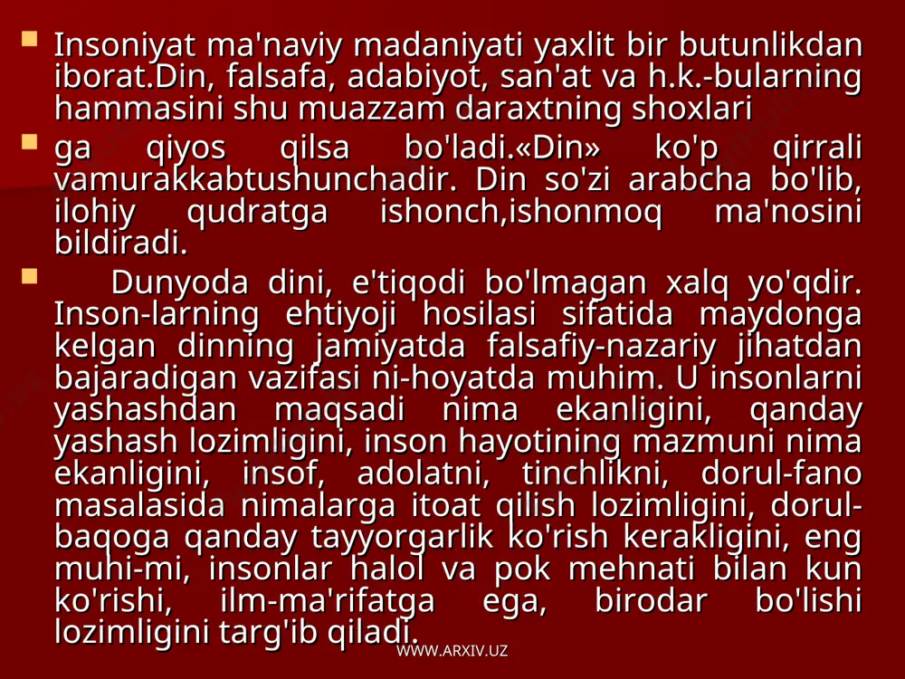gan. islom dinigacha ma’jusiy qabilalarning diniy markazi bo'lgan.shu o’rinda madina haqida qisqacha ma'lumot berib o'tish joiz. www.arxiv.uz www.arxiv.uz www.arxiv.uz www.arxiv.uz muhammad alayhissalom vafotlaridan keyin bu dav-latni ularning o'rinb'osarlari, ya'ni noib-xalifalar boshqaradilar. shu munosabat bilan ham musulmonlar davlati tarixda «arab xalifaligi» deb nom olgan. dastlab arab xalifaligi katta hududni egallagan edi. o'rta osiyo yerlari — movarounnahr viii asr boshlaridan viii asr o'rtalarigacha arablar tomonidan fath etilib, ular bilan birga islom dini kirib keldi. islom dini turonga arab xalifaligining amiri qutayba ibn muslim va askarlari to­monidan 705—715-yillarda yoyilgan. arab fotihlari bosib olingan yerlarda xalqni islom diniga kirita boshladilar. arablar islom dinini tarqatishda turli usullardan foydalandilar. jumladan, islom dinini qabul qilganlar soliqlardan ozod etilgan. ana shu davrdan bosh-lab o'rta osiyo mintaqasida islom madaniyati va ma'rifati o'ziga xos ravishda shakllandi hamda taraqqiyot bosqi-chini bosib o'tdi. www.arxiv.uz www.arxiv.uz www.arxiv.uz www.arxiv.uz prezident islom karimov mdhxorijiy muxbirlar xalqaro uyushmasi a'zolari bilan suhbatida shunday degan edi: «islom dini …