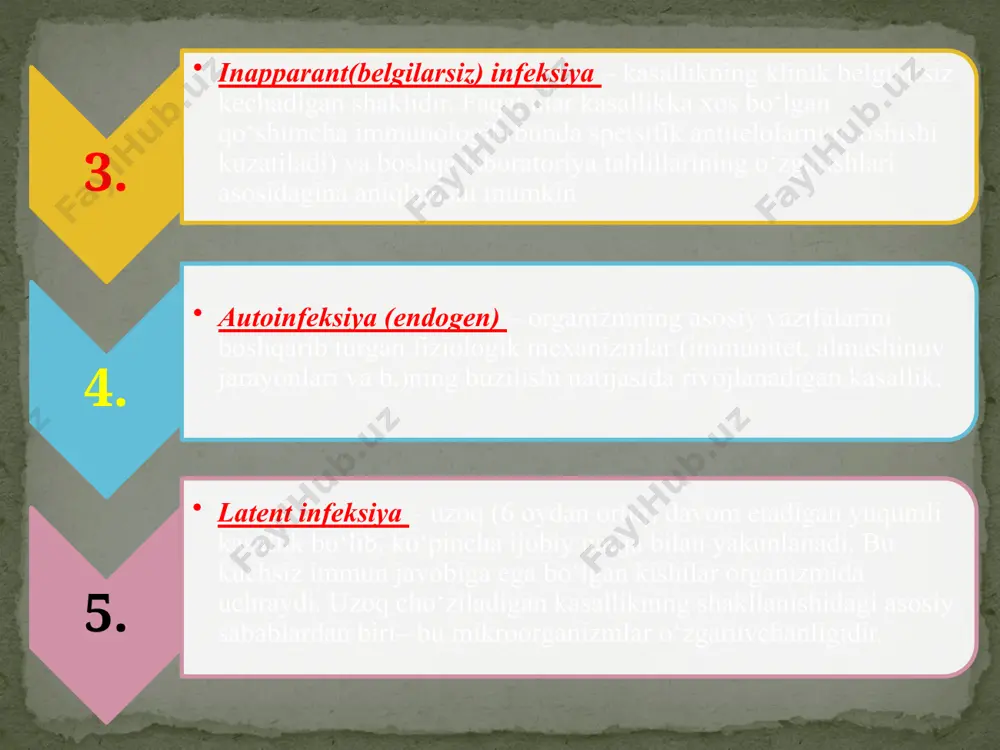 manbai hisoblanadi va atrofdagi kishilar uchun katta xavf tug‘diradi. infeksiya turli yo‘llar bilan yuqishi mumkin (havo, suv va b.). epidemiologik xususiyati. klinik xususiyati.yuqumli kasalliklarga davriylik xos, ya’ni kasallik ma’lum davrlar almashinishi bilan kechadi. kasallikning yashirin (inkubatsion), prodromal (dastlabki belgilarning paydo bo‘lishi), avj olish va rekonvalessensiya (sog‘ayish) davrlari uchraydi. immunologik xususiyati. mikroorganizmlar va ularning zaharlari antigen (yot) xossaga ega, ular ta’sirida organizmda normal fiziologik jarayonlar buziladi va bir vaqtda mikroblar va ularning zaharlarini yo‘qotish va patologik jarayonni to‘xtatish uchun himoya omillari ishga tushadi (immunitet hosil bo‘ladi). immunitetz ta’sirida organizm patogen mikroorganizm va uning zaharidan ozod bo‘ladi. klinik xususiyati va immunologik xususiyati. 3. yuqumli kasalliklar klassifikatsiyasi. yuqumli kasalliklar infeksiya manbai bo‘yicha ikkita katta guruhga bo‘linadi: 1.antroponozlar – faqat odamlar kasallanadigan kasalliklar. bu kasalliklar hayvonlarda uchramaydi. bularga qorin tifi, difteriya, virusli gepatitlar va boshqalar kiradi. 2. zoonozlar – odam va hayvonlar kasallanishi mumkin bo‘lgan kasalliklar. bularga brusellyoz, quturish, kuydirgi va boshqalar kiradi. infeksiyaning …