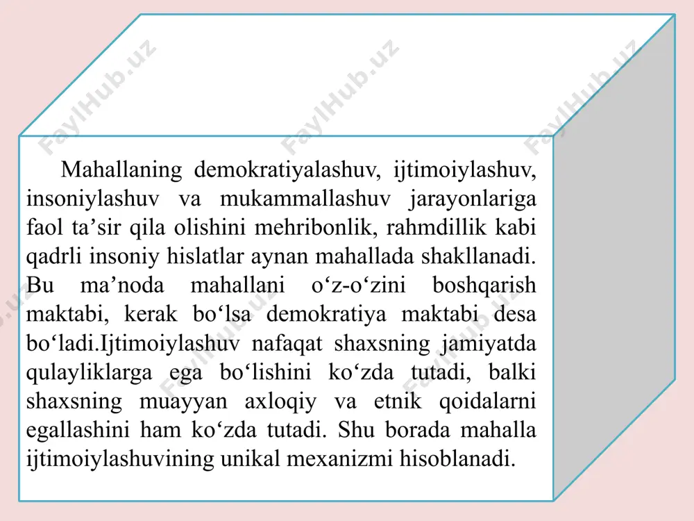 h imkoniyatidan mahrumdirlar, yaʼni ular boshqa faoliyat bilan ham shugʻullanadilar. jamiyatni demokratiyalashtirishning mazkur bosqichida yoshlar katta imkoniyatlarga, faoliyat turini tanlashda keng imkoniyatlarga ega boʻlishdi. biroq ular bulardan toʻliq foydalana olmaydilar. soʻngi yillarda yoshlar orasida siyosiy-tarbiyaviy ishlarni olib borish susaydi, din taʼsiri kuchaydi va bu natijada yoshlar mafkuraviy sohada oʻz moʻljallarini yoʻqotishlariga olib keldi. mahalla oldida tarbiyaning anʼanaviy usullaridan foydalanib yosh avlod bilan yanada faol ish olib borish, ularda hozirgi jamiyat talablariga muvofiq keladigan dunyoqarash va axloqiy tamoyillar hosil qlishdan iborat. mahalla azaldan nafaqat oʻsib kelayotgan avlodning tarbiyachisi vazifasini bajargan, balki ijtimoiy fikrni shakllantirgan ham. qoʻshnilar oʻrtasidagi barcha nizoli holatlar, shuningdek esa oilaviy janjallar mahalla qoʻmitalari faollari tomonidan muhokama qilinadi. bular orasida koʻpincha qaynona-kelin, yosh kelin-kuyovlar orasida janjallar koʻp uchraydi. bunaqa holatlarda xotin-qizlar qoʻmitasi suhbat oʻtkazadi. agar ikki tomonni yarashtirib boʻlmasa, bu holat bilan mahalla qoʻmitasi shugʻullanadi. odatda oʻsha joyning oʻzida muammo hal qilinadi. shuning uchun ajralishlar soni koʻp emas. soʻngi …