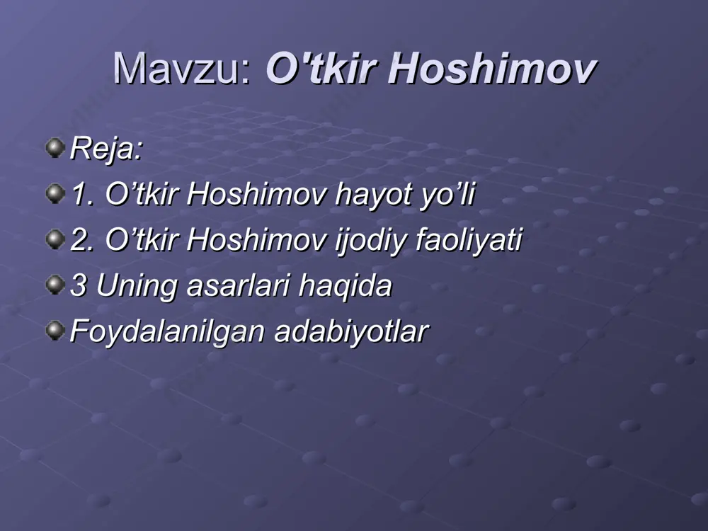 ida hikoya qilinadi. 1974- yili esa «birovning tashvishi» nomly psixologik dramasi sahnalashtirildi. asarlari «po‘lat chavandoz»(1962) cho‘l havosi» (1963) «odamlar nima derkin...», «shamol esaveradi» «uzun kechalar» (1975) «bahor qaytmaydi» (1970), «qalbingga quloq sol» (1973) «nimadir bo‘ldi» (1976) «quyosh tarozisi» (1980) «dunyoning ishlari» (1982) «nur borki, soya bor» (1979), «ikki eshik orasi» (1986) «uyqudagi tushlar» romani bundan tashqari, o’tkir hoshimov o’rta osiyo respublikalarining qator teatrlarida namoyish qilingan «to‘ylar muborak», «sizdan ugina, bizdan bugina» kabi p’esalarning muallifidir. pyesalari «to‘ylar muborak» «sizdan ugina, bizdan bugina» o’tkir hoshimov e. xeminguey, k. simonov, a. kuprin, o.bergolts singari yozuvchilar asarlarini o‘zbek tiliga tarjima qilgan. asarlari qardosh xalqlar va xorijiy tillarga tarjima qilingan. tarjimalari e. xeminguey k. simonov a. kuprin o.bergolts kabi yozuvchilar asarlarini ijodkor 80-yillar publitsistikasi rivojiga salmoqli hissa qo‘shgan adiblardan biridir. uning odob-axloq, ma’naviy olam, milliy qadriyatlar, sho‘ro davri adolatsizliklarini dadil yoritgan ocherk va teleko‘rsatuvlari bu davrning barkamol mevalaridir. o’zbekiston xalq yozuvchisi (1991) o’tkir hoshimov «dunyoning …