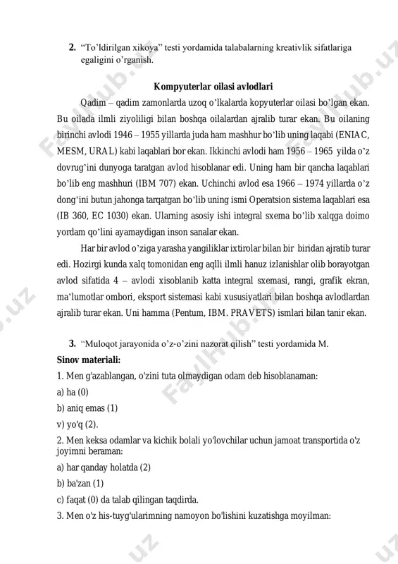 q xavotir olsam, harakatlarimni kuzatishni to'xtataman: a) deyarli har doim (0) b) ba'zan (1) c) kamdan-kam (2) 22. faoliyatimni rejalashtirayotganda, bajarilgan ishlarni tekshirish uchun vaqt ajrataman: a) har doim (2) b) ba'zan (1) c) kamdan-kam (0) 23. topshiriqni bajarayotganda, barcha mayda-chuyda narsalarga e'tibor berilgandagina mamnun bo'laman: a) to'g'ri (2) b) aniq emas (1) c) noto'g'ri (0) 24. tinglovchilar oldida gaplashayotganda, men o'z ovozim va imo-ishoralarimga rioya qilishga harakat qilaman: a) har doim (2) b) ba'zan (1) c) kamdan-kam (0) 25. men buning uchun zarur bo'lgan narsalar odatiy joyida ekanligiga amin bo'lgunimcha ishni boshlamayman: a) odatda (2) b) ba'zan (1) c) kamdan-kam (0) 26. uydan chiqib ketayotib, chiroq, gaz, temir, temir va suvni o'chirganimni tekshirib ko'radigan odatim yo'q: a) rozi (0) b) aniq emas (1) c) rozi emas (2) 27. muloqotda men: a) men o'z his-tuyg'ularimni erkin ifoda etaman (0) b) orasidagi narsa (1) c) men o'z his-tuyg'ularimni ifoda etmayman (2) …