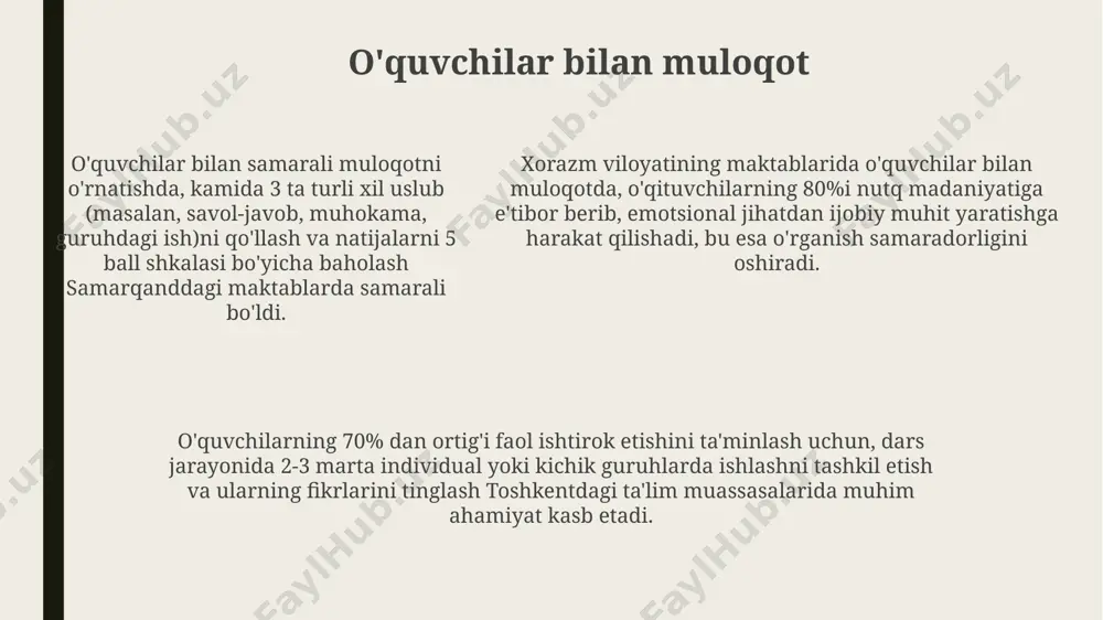 o'lgan bolalarga dasturlash asoslarini o'rgatish orqali raqamli savodxonlikni 40% ga oshirishga erishdi. aqshning "harvard" universitetida ishlab chiqilgan "flipped classroom" metodi (teskari o'qitish) 80% dan ortiq talabalarda mustaqil o'rganish ko'nikmalarini rivojlantiradi va 25% ga dars samaradorligini oshiradi. e'tiboringiz uchun rahmat @taqdimot_robot