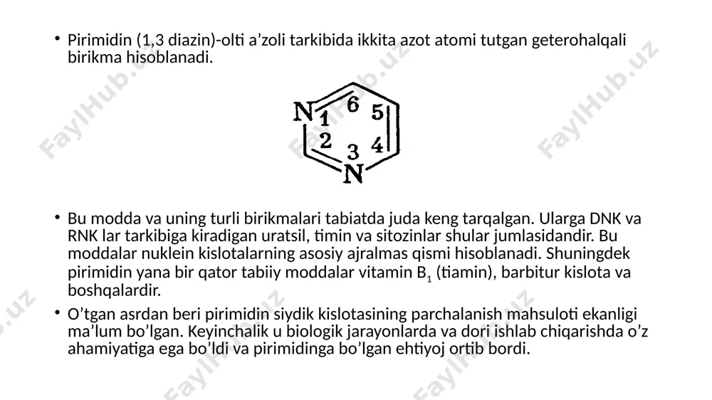 =c=o va -n-h guruhli molekulalar orasida nisbatan kuchli vodorod bog’ hosil qiladi. bu bog’lar esa suyuqlanish haroratini oshiradi va erituvchilarda erishini kamaytiradi. kimyoviy xossalari: pirimidin turli reagentlar bilan har xil reaksiyalarga kirishadi. pirimidinning bunday xossalarga ega bo’lishida ba’zi bir sabablar mavjud: birinchidan pirimidindagi azot atomlari azol va piridindagidan kam faollikga ega ikkinchidan 2, 4 va 6 holatdagi o’rinbosarlarning o’zini tutishidir. pirimidin inert hisoblanadi. oddiy elektrofil hujum pirimidin azot atomini protonlashda juda kuchli kislota ishlatiladi va tuz hosil bo’lishi bilan tugaydi. oksidlanish reaksiyalari: nukleofil almashinish reaksiyalari: metallorganik birikmalar bilan reaksiyalari: xulosa 5-bromuratsil kuchli mutagen hisoblanadi va nuqtali mutatsiyada qo’llaniladi. 5-ftor uratsil o’simtaga qarshi kurashda ishlatiladi uratsilning o’zi ham shu maqsadda ishlatiladi.u o’simta hujayrasidagi nuklein kislota bilan ta’sirlashib sintezni buzadi. u yana radio sensibilizatorlar sifatida ham ishlatiladi. 5-ftoruratsil sulfogidrid bog’lari sonini kamaytiradi va disulfid bog’lari sonini oshiradi. natijada s-h guruhlarning faolligi kamayadi va ular radiatsiyani sezuvchan bo’lib qoladi. pirimidinning tabiiy birikmalari ichida …