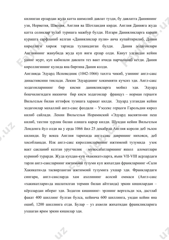 дан франкликларига ухшаган ярим эркин кишилар эди. уларнинг уз ери булмай, маълум мажбурият эвазига эрлларнинг ерини ишалб берар эдилар. уларнинг вергелди 80 шиллинг атрофида эди. летлар британиянинг буйсундирилган махаллий ахолисидан келиб чиккан деб тахмин килинади. зодагон англ-саксларнинг, эрлларнинг (ва хатто баъзи бир энг бой кёрлларнинг) куллари хам булиб, бу кулларнинг бир кисми оброкчи куллар булиб, дехкончилик билан шугулланар эди. англ-сакс жамиятида жамоа ва бошка махаллий бошкарув органлари жуда куп эди. буларнинг асосийси кишлок – тун эди. бу кишлок – кишлок жамоасидан иборат булиб, унда ер-сув бор эди, мунтазам суратда кишлок йигини – галимот чакирилиб турарди. сайлаб куйиладиган кишлок оксоколи булар эди. кишлок жамоаларининг вакиллари ойда бир марта юз бошилар мажлисига тупланар эди. юз бошилар мажлисларидан юкори уринда хар бир графликнинг халк мажлиси булиб – бу мажлислар тарихий жихатдан кабилавий киролликлар даврида сакланиб колган эди. кироль вакили – графликнинг расмий бошлиги, шериф – уз фаолиятида графликнинг бу кенгаши билан хисоблашиб туриши …