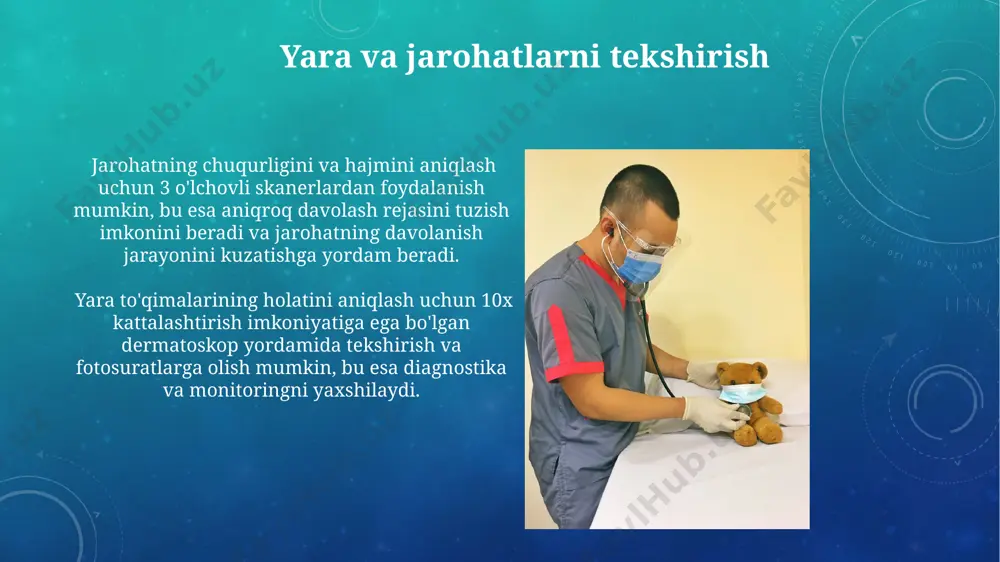 chash vaqti farq qiladi, masalan, infraqizil termometrlar 1-2 soniyada natija beradi. asbob-uskunalar bilan ishlash xavfsizligi yuqumli kasalliklar bilan ishlaganda, sterilizatsiya qilingan qo‘lqoplar va niqoblardan foydalanish majburiy hisoblanadi, har bir protseduradan keyin qo‘llarni antiseptik vositalar bilan 30 sekund davomida davolash kerak. tibbiy asbob-uskunalar bilan ishlashda, kamida ikki kishili jamoa bo‘lib ishlash, og‘irligi 25 kg dan ortiq bo‘lgan jihozlarni ko‘tarishda, orqa miya shikastlanishining oldini olish uchun maxsus ko‘tarish texnikasini qo‘llash zarur. bemorlarni tekshirishda ishlatiladigan asbob-uskunalar spirtli salfetkalar, paxta va tibbiy qo'lqoplar kabi bir martalik sarf materiallari bemorni tekshirish jarayonida yuqumli kasalliklarning tarqalishini oldini olishda muhim rol o'ynaydi, har bir bemordan keyin almashtirilishi kerak. bemorning qon bosimini o'lchash uchun avtomatik yoki mexanik sfigmomanometr va stetoskop ishlatiladi, aniq natijalar olish uchun kamida ikki marta o'lchash va o'rtacha qiymatni hisoblash tavsiya etiladi. sfigmomanometr va fonendoskop bilan qon bosimini o'lchash sfigmomanometrni bemorning yuqori bilagiga, yurak darajasida 2-3 sm balandlikda o'rnatib, fonendoskopni braxial arteriyaga qo'yish kerak, qon …