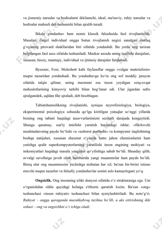 qaratish lozim. ba'zan «ong» tushunchasi «inson ruhiyati» tushunchasi bilan ayniylashtiriladi. bu noto‘g‘ri. ruhiyat – ongga qaraganda murakkabroq tuzilma bo‘lib, u aks ettirishning ikki sohasi – ong va ongsizlikni o‘z ichiga oladi. olimlar insonda onglilik va ongsizlikning o‘zaro nisbati to‘g‘risida so‘z yuritar ekanlar, ba'zan ularni okeandagi muztoqqa o‘xshatadilar. bu muztog‘ning suv ustidagi ko‘zga ko‘rinadigan qismi ongga qiyoslanadi, suv ostidagi ko‘rinmaydigan qismi esa ongsizlikka o‘xshatiladiki, uning miqyosi, shakli, tuzilishi va mazmuni haqida biz bilvosita belgilarga ko‘ra faqat taxmin qilishimiz mumkin. ongsizlik sohasi – bu aqldan tashqaridagi ruhiy hodisalar, holatlar va harakatlar majmui, deb hisoblash odat tusini olgan. bu sohaga, eng avvalo, instinktlar – inson xulq-atvorining uzoq tadrijiy rivojlanish jarayonida hosil bo‘ladigan va har bir mavjudotning hayot funksiyalarini, umuman uning mavjudligini ta'minlashga qaratilgan tug‘ma harakatlari majmui kiritiladi. ongsizlikni (ong osti) tushunish yanada ko‘proq qiyinchilik tug‘diradi. uning mavjudligi avstriyalik mashhur psixiatr z.freyd (1856-1939) tomonidan xx asr boshida aniqlagan. har xil tushlar, gallyusinatsiyalar, xayoldan ketmaydigan …