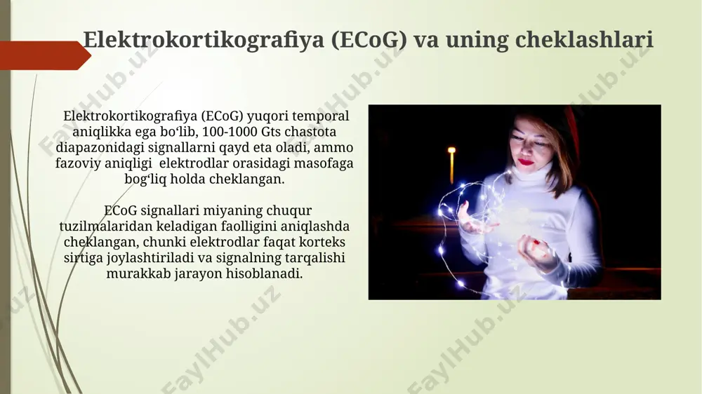 qiladi. miya postlari, neyronlarning aksonlari va dendritlaridan tashkil topgan bo'lib, ularning o'rtasidagi sinaptik aloqalar orqali 1000 dan ortiq boshqa neyronlar bilan bog'lanishi mumkin. neyronlararo aloqa va elektroaktivlik neyronlarning elektroaktivligi ion kanallarining (natriy, kaliy, kaltsiy) faolligi bilan bog'liq bo'lib, ularning ochilish va yopilish tezligi impuls uzatilish tezligiga ta'sir qiladi. neyronlararo aloqada elektrokimyoviy sinapslar orqali 100 mv gacha bo'lgan membran potensialining o'zgarishi kuzatiladi, bu esa asab impulslarining uzatilishiga olib keladi. miya postlarining elektroaktivligini o'lchash usullari miya postlarining elektroaktivligini o'lchashda elektroensefalografiya (eeg) usuli 32 ta elektrod yordamida miya faoliyatining 1-100 gts chastota oralig'idagi elektr potentsiallarini qayd etadi. transkranial magnit stimulyatsiyasi (tms) miya qismlarini 1-2 tesla kuchli magnit impulslar yordamida stimulyatsiya qilish orqali elektroaktivlik darajasini bilvosita baholash imkonini beradi. kasalliklar va elektroaktivlik o'rtasidagi bog'liqlik ba'zi kasalliklar, masalan, 30% dan ortiq yurak-qon tomir kasalliklari, organizmda elektrokimyoviy jarayonlarning buzilishi bilan bog'liq bo'lib, elektroaktivlik o'zgarishiga olib keladi. neyrodegenerativ kasalliklarda, masalan, altsgeymer kasalligida, miya to'qimalarining elektroaktivligi sezilarli darajada …