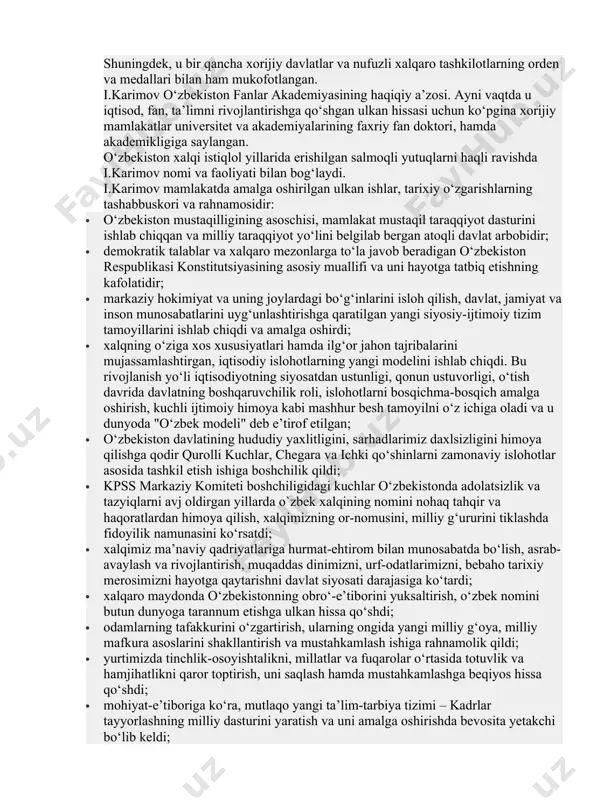 ishloqlarimiz, avvalambor, poytaxtimiz toshkentning shakl-qiyofasining tubdan o‘zgarishida bevosita rahbarlik qildi. muxtasar qilib aytganda, islom karimov o‘zbekiston davlati va davlatchiligini barpo qilish, demokratik fuqarolik jamiyati qurish asoslarini yaratdi, mamlakatimiz taraqqiyotining asosiy yo‘nalishlarini ishlab chiqdi, yurtimizning yorug‘ istiqboli yo‘lida ko‘pmillatli xalqimizni birlashtirib, uni ulug‘ maqsadlar sari boshlab bordi. o‘zbekistonning taraqqiyot bosqichida davlat rahbari olib borgan siyosatning asosiy ustuvor yo‘nalishlari quyidagilardan iborat: · mamlakatni modernizatsiya qilish, jamiyatni yangilash, iqtisodiyot jadal sur’atlar bilan o‘sishi va uning makroiqtisodiy mutanosibligini ta’minlashga qaratilgan islohotlarni yanada chuqurlashtirish, bu yo‘nalishlarni amalga oshirishning garovi bo‘lmish tadbirkorlik, kichik biznes va fermerlik harakatining izchil qadamlar bilan erkin rivojlanishiga kafolat va imtiyozlar beradigan siyosatni davom ettirish va kuchaytirish; · iqtisodiyotdagi chuqur tarkibiy o‘zgarishlarni yangi bosqichga ko‘tarish, faol investitsiya siyosatini amalga oshirish, soliq yukini kamaytirish, yuksak texnologiyalar bilan qurollangan tarmoq va ishlab chiqarish korxonalari, kichik biznes va xususiy tadbirkorlik rivoji uchun yanada qulay shart-sharoitlarni yaratish; · o‘rta sinf vakillari – tadbirkorlik, fermerlik harakati va …