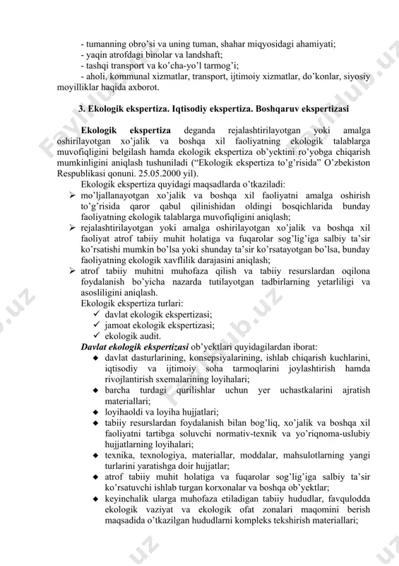 lk ob’yekti qiymatiga ta’sir etuvchi atrof mihit omillarini aniqlash uchun mo’ljallangan. ushbu sinfda ekologik muammolar alohida jiddiyligi sababli, ko’chmas mulk ob’yektlarining ekologik ekspertizasini alohida ta’kidlash lozim. ekologik talablarga rioya qilinishi ustidan nazoratni kuchaytirish ko’chmas mulk ob’yektlari qiymatini baholashda ekologik omillarni hisobga olish zarurligiga olib keladi. ko’chmas mulkni joylashtirish imkoniyati – potentsial ijarachilar uchun uning jozibadorligiga ta’sir qiluvchi asosiy omil. masalan, agar binoga kafe joylashtirilishi kerak bo’lsa, ko’chmas mulk ob’yekti aholi gavjum ko’chalarda joylashgan bo’lishi lozim, agarda ombor bo’lsa, demak, bu variantda temir yo’l kirish yo’llari, avtomagistrallar va boshqalarga yaqin bo’lishi lozim. ko’chmas mulk ob’yektidan foydalanish variantini tahlil qilishda ushbu variantga xos turli qulayliklar yoki negativ omillar qarab chiqilishi va ularni kartaga kiritish lozim. joylashuv hududining ijtimoiy, demografik va iqtisodiy omillariga alohida e’tibor qaratiladi, bunda bu omillar ko’chmas mulk ob’yektiga qanday ta’sir ko’rsatishini aniq tahlil qilish zarur. quyidagilarni ko’rib chiqish lozim: - infratuzilmaning holati va rivojlanishi (sanoat, ta’lim, madaniyat, ijtimoiy ta’minot, …