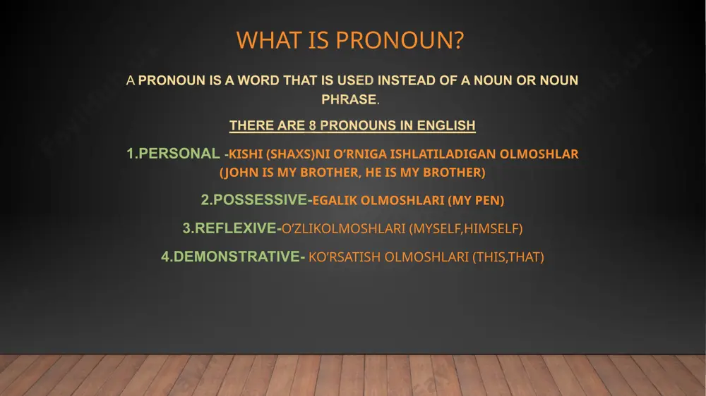 ative pronouns ko’rsatkich olmoshlari there 4 demonstrative pronouns in english this – bu (yaqindagi 1ta narsa uchun) this is a pen. these – bular (yaqindagi 1dan ortiq narsalar uchun) those are pens that – u, anavi (uzoqdagi 1ta narsa uchun) that is a kite. those – anavilar, ular (uzoqdagi 1dan ortiq narsalar uchun) those are kites image3.png image4.jpg image5.jpg image6.jpg image7.jpg image8.jpg image9.jpg image10.jpg image11.jpg image12.png image13.jpg image14.jpg image1.jpg /docprops/thumbnail.jpeg