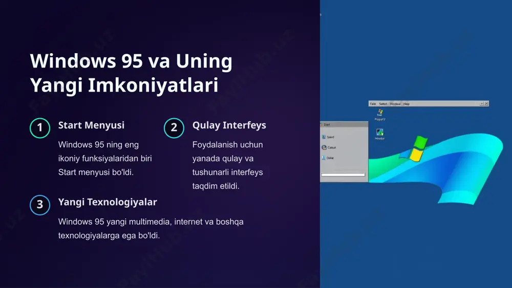 tartibga solish. 25 qisqartmalar va odam tanlovi boshlanish menyusi asosiy dasturlarni tezkor ochish. tezkor paneli eng ko'p ishlatiladigan dasturlarni joylashtirib qo'yish. ish stoli asosiy ishchi oyna va funksiyalarga tezkor kirish. 26 grafik interfeys: sozlash 1 rang sxemalari ish stoli va oynalar uchun turli-tuman rang sxemalarini moslashtirish. 2 fon rasmlari ish stoli uchun turli xil rasmlar, naqshlar va effektlardan foydalanish. 3 ikonkalar va jildlar dastur ikonkalarini o'zgartirish, jildlarni yangilash va saralash. 27 ko'plab oynalar: tashkil etish va boshqarish oynalarni tartibga solish oynalarni siljitish, yopish, maxsus oynalarda yashirish va tutqichlarni moslashtirish. ko'p vazifalarni bajarish bir vaqtning o'zida bir necha dasturni ochish va ishlash. tezkor navigatsiya alt+tab, win+tab va boshqa qisqartmalar orqali tezkor navigatsiya qilish. 28 yangilanishlar, xavfsizlik va ma'lumotlarni himoyalash avtomatik yangilanish windows operatsion tizimi yangilanishlarini avtomatik ravishda olib borish. xavfsizlik sozlamalari antiviruslar, firewall, shaxsiy ma'lumotlar himoyasi va boshqalar. fayllar va nusxalar muhim ma'lumotlarni himoyalash va zaxira nusxalarini saqlash. 29 xulosa: windows …