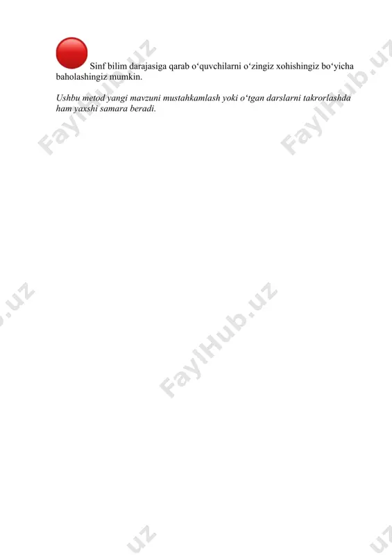 an va ishtirok etishga tayyor. psixologik iqlim yaratish oldingi darsni qayta ko'rib chiqish yoki sinfni yangi mavzuga tayyorlash uchun ham xizmat qilishi mumkin. kattalar uchun bu mashg'ulotlar favqulodda mashg'ulotlar sifatida ham xizmat qiladi - dars rejangiz muddatidan oldin tugashi yoki toʻsatdan oʻzgarib qolgan dars vaqtlari uchun ham ajoyib yechim boʻla oladi. "o‘rgimchak to‘ri"metodi bu metodni men bugun "yaxshi tilak" deb atadim,chunki darsni boshlashdan oldin ustozlar bilan bir-birimiziga yaxshi tilak aytib darsni boshladik bunda ip kerak bo‘ladi.ipning uchini o‘zim ushlab istagan ustozimga tilak bildirib uloqtirdim.u ustoz boshqa ustozga tilak aytib uzatdi.natijada o‘rgimchak to‘ri xosil bo‘ladi bu metodni matematika fanida ko‘paytirish jadvalida foydalansak bo‘ladi. ko‘paytirish jadvalidan bolajonlar misol aytib ipni sherigiga uloqtiradi sherigi javobini aytadi,boshqa sherigiga misol aytib ipni uloqtiradi shu tarzda davom etadi. bundan tashqari alfavitni o‘tganimizda xam foydalansak bo‘ladi.xarflarni alifbo tartibida aytib foydalansa xam bo‘ladi. xarbir ustoz o‘z ijodkorligi dan kelib chiqib foydalansa bo‘ladi. zamonaviy o'qitish usullari o'qitishning yangi uslublaridan …