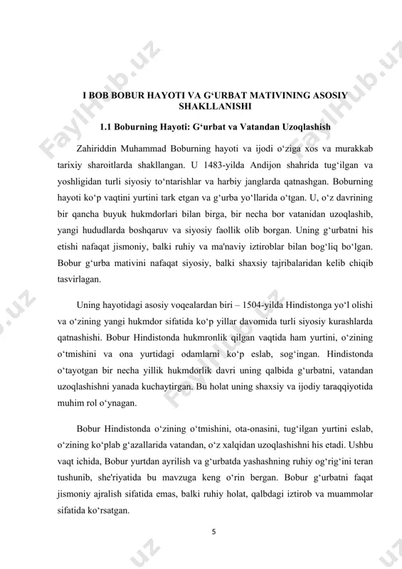 kechirgan va bu tajribalar uning she’riyatida chuqur iz qoldirgan. g‘urbat, bobur uchun faqat yurtdan uzoqlashish emas, balki qalbdagi iztirob, sog‘inch, muhabbat va ma'naviy izlanishlarning ifodasi bo‘lib qolgan. uning g‘azallarida g‘urbat mativi, nafaqat tashqi ajralishlarni, balki insonning ichki dunyosidagi o‘zgarishlarni, ruhiy jarayonlarni tasvirlash vositasi sifatida ishlatilgan. bobur g‘urbatni ham ijtimoiy, ham shaxsiy va ma'naviy nuqtai nazardan ko‘rsata olishdagi usta shoir sifatida tanilgan. bobur, o‘zining hayotiy yo‘li va shaxsiy tajribalari orqali, g‘urbat mativini o‘zining she'riyatida ko‘plab tomondan ifodalagan. g‘urbat — bu faqat bir joydan boshqa joyga ko‘chish, yurtni tark etish emas, balki insonning o‘zini his qilishidagi o‘zgarish, qalbdagi bo‘shliq, sog‘inch va yangi muhitga moslashish kabi ruhiy holatlarni o‘z ichiga oladi. boburning g‘azallaridagi g‘urbat mativi nafaqat tashqi iztiroblar, balki ichki ruhiy holatlar, o‘zligini qidirish va yangi ma'no topish kabi qadriyatlarni ham ifodalashda muhim rol o‘ynaydi. g‘urbatning bu jihatlari, boburning she'riyatini yanada chuqurroq, ma'naviy va psixologik jihatdan boyitadi. g‘urbatning bobur hayotidagi ahamiyati bobur uchun …