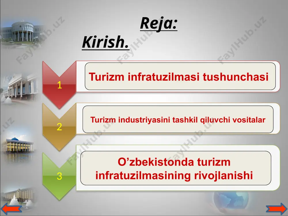 rni qurish; piyodalarni shovqinga, changga, tumanga qarshi tadbirlarni ishlab chiqish, yashil joylar va chiroyli bog`larning barpo qilinishi; piyodalarga va velosipedchilarga mo’ljallangan yo’llarni, imoratlarni, skameykalarni va dam olish joylarini, axlat tashlash joylarini tartibga keltirish; turizmni kasb qilgan odamlarni o’qitish va o’z-o’zlarini rivojlantiruvchi imkoniyatlarning yaratilishi; tabiiy ofatlar qarshisida saqlanish tadbirlari, o’t o’chirish xizmatlari. turizm sohasining rivojlanishini turizm infratuzilmasisiz tasavvur qilib bo’lmaydi. turizm infratuzilmasi xix asr oxirlarida hozirgi mamlakatlar iqtisodiyotida endigina shakllanayotgan edi. bu kunga kelib ushbu infratuzilma dunyoning uchinchi ko’p daromad keltirayotgan sohasiga aylanganligi hech kimga sir emas. oxirgi 10-20 yil davomida dunyo bo’yicha xorijiy turistlar sonining o’rtacha yillik o’sish sur’ati 5,1, valyuta tushumlarining o’rtacha yillik o’sish sur’ati 7 % ni tashkil etdi. umumjahon turistik tashkiloti ma’lumotlariga ko’ra 2005 yil dunyoda 704 mln. turist qayd etilgan, xalqaro turizmdan tushgan daromadlar 463 mlrd. aqsh doll.ni tashkil etdi (xalqaro transport xizmatlarini hisobga olmagan holda). umuman 1950 yildan 2005 yilga qadar xalqaro turizmdan tushgan yillik …