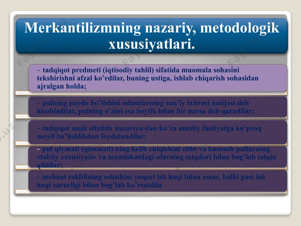 mning zamonaviy tahlillari. keyns yalpi talabning ahamiyatiga e’tibor qaratgan bo’lsa ham u o’zining nazariyasi va mercantilist g’oyalari o’rtasida ma’lum darajada bog’liqliklari mavjudligini bildi. u ularni yetarlicha iste’mol qilmaslik g’oyasini ma’qulladi va ularng pul miqdorining oshishi ishlab chiqarishni ko’paytiradi degan fikrlarini to’g’ri deb baholadi. keyns fikricha, merkantilistlar ijobiy savdo balansi ichki sarflami oshiradi va shu orqali daromadlar va bandlik darajasini oshiradi deb hisoblaganlar. keyns yalpi talabning ahamiyatiga e’tibor qaratgan bo’lsa ham u o’zining nazariyasi va mercantilist g’oyalari o’rtasida ma’lum darajada bog’liqliklari mavjudligini bildi. u ulamin yetarlicha iste’mol qilmaslik g’oyasini ma’qulladi va ulaming pul miqdorining oshishi ishlab chiqarishni ko’paytiradi degan fikrlarini to’g’ri deb baholadi. keyns fikricha, merkantilistlar ijobiy savdo balansi ichki sarflami oshiradi va shu orqali daromadlar va bandlik darajasini oshiradi deb hisoblaganlar. merkantilizmga nisbatan bildirilgan yana bir munosabatni qayd etib o’tishimiz kerak. ayrim iqtisodchilar merkantilizmni ularning namoyondalari ilgari surgan g’oyalari asosida emas balki ularning manfaatlari asosida baholashadi. merkantilistlar zamonaviy iqtisodiy tilda …
