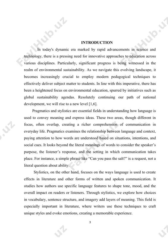 s but also by context, intention, and style. this helps improve communication skills and enriches our appreciation of language’s expressive power, making it essential for students of linguistics and literature. the aim of the is to analyze and compare pragmatics and stylistics, highlighting their distinct and overlapping roles in shaping meaning, communication, and expression within various language contexts. the object of the is to examine the features of pragmatics and stylistics, focusing on how they contribute to the understanding of meaning, context, and language use in communication and literary analysis. the subject of the is the comparative study of pragmatics and stylistics, specifically exploring how each field approaches the interpretation and construction of meaning in different communicative and expressive contexts. the task of this is to compare the concepts and approaches of pragmatics and stylistics to understand their impact on language interpretation. the structure of the consists of introduction, two …