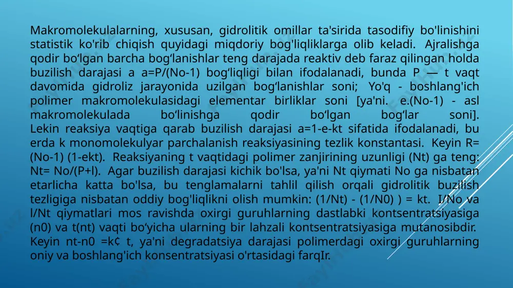 zilishiga qarab oksidlanish degradatsiyasi tezligi o'zgaradi va reaksiyaning turli yakuniy mahsuloti olinadi. shunday qilib, to'yinmagan yuqori molekulyar uglevodorodlar kislorod ta'sirida to'yinganlarga qaraganda tezroq yo'q qilinadi. xulosa bu mavzudan quydagi xulosani oldim: zanjirlarida funksional guruhlarga ega polimerlarda yuzaga keladigan turli kimyoviy reagentlar (kislotalar, ishqorlar va boshqalar) ta’sirida polimerlarning makromolekulalari bo‘linish reaksiyalarini qisqacha ko‘rib chiqdik. yuq qilish reaktsiyalari, kimyoviy yuq qilishni, oksidlovchi degradatsiyani o'rgandik. bundan tashqari, polimerlarning gidrolitik degradatsiyasi misol sifatida tsellyuloza va oqsillar yordamida o'rganishni o'rgandik. tsellyuloza gidrolizlanishi jarayonida makromolekulada elementar birliklar orasidagi glyukozid bog` uzilishini o'rgandik. xulos qilib aytganda polimerlarni yo'q qilish reaktsiyalari, tasnifi va qisqacha tavsifi. polimerlarning parchalanishini o‘rgandik va bular polimerlarni parchalash bo’yicha asosiy yunalishda bulgan hamda kimyoviy misollar va reaksiyalar bilan o’rgandik. foydalanilgan adabiyotlar: quydagi saytlardan foydalanilgan: 1.http://vseokraskah.net/plenoobrazuyushhie-veshhestva/8-2-destrukciya-polimerov-pod-dejstviem-ximicheskix-agentov.html 2.https://www.google.com/amp/www.myshared.ru/amp/418345/ 3. https://e-plastic.ru/slovar/d/dectrykziua_polimerov/ etiboringiz uchun rahmat ! raxmatova sug'diyona image1.jpeg image2.jpeg image3.jpeg image4.jpeg image5.jpeg image6.jpeg image7.jpeg image8.jpeg /docprops/thumbnail.jpeg