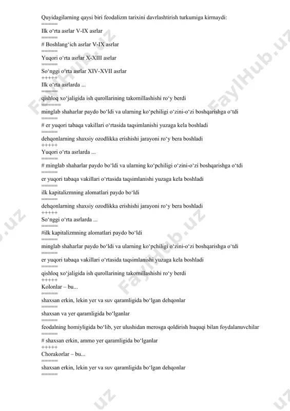 ilar ===== #shaxsan erkin, lekin yer va suv qaramligida bo‘lgan dehqonlar ===== shaxsan erkin, ammo yer qaramligida bo‘lganlar +++++ xviii asrda g’arbiy yevropa iqtisodiy jihatdan qaysi tarmoqlari rivojlanish sur’atlari bo‘yicha namuna bo‘ldi? ===== qishloq xo‘jaligi ===== qurilish ===== #sanoat ===== aloqa +++++ angliya ilmiy tadqiqotlarga va ixtirolarni amaliyotga joriy etishga yetarli bo‘lgan kapital qaysi hisobdan olingan? ===== qullar mehnatidan keladigan foyda xisobiga ===== # davlat qarzi,soliq stavkasini oshirilishi, ishlab chiqarish va savdoni kengaytirilishi ===== mustamlakachilik tovarlarini qayta sotish hisobidan ===== eksport maxsulotlaridan keladigan foydadan +++++ sanoat to‘ntarilishi – bu.. ===== mamlakatda fabrika-zavodlarni qisqartirish, faqat tabiiy yer unumdorligidan foydalanish ===== sanoatlashtirishni kamaytirish, qo‘l mehnatiga asoslangan ishlab chiqarishlarni ko‘paytirish ===== qullar, qochoq dehqonlar qo‘l mexnatiga asoslangan ishlab chiqarish ishlarini ko‘paytirish ===== # qo‘l mehnatiga asoslangan manufakturadan sanoat burjuaziyasi va sanoat proletariatini shakllanishi bilan birgalikda amalga oshadigan fabrika-zavod ishlab chiqarishiga o‘tish +++++ xviii asrning o‘rtalarida fransiyada qaysi sanoat tarmog‘i rivoj topdi? ===== mashinasozlik …