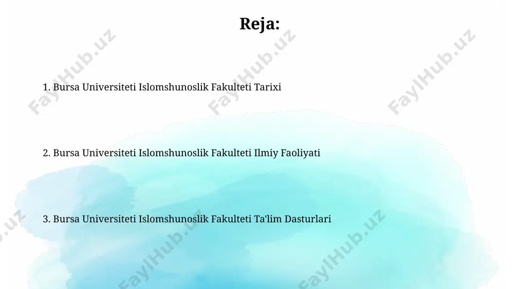 mshunoslik fakulteti tarixi fakultetning dastlabki yillarida, taxminan 50 nafar talaba tahsil olib, islom tarixi, fiqh va qur'on tilovatini o'rgangan. 2000-yillardan boshlab fakultet, zamonaviy ilmiy uslublarni qo'llab, 10 dan ortiq kafedra va yuzlab bitiruvchilar yetishtirgan holda, rivojlandi. xalqaro hamkorlik va aloqalar fakultet xalqaro talabalar almashinuvi dasturlarida faol ishtirok etadi, 2023 yilda 30 dan ortiq talaba turli mamlakatlardan kelgan hamkor universitetlarga almashinuv dasturi doirasida borishgan. bursa universiteti teologiya fakulteti bilan 5 dan ortiq xorijiy universitetlar o'rtasida faol ilmiy hamkorlik shartnomalari mavjud bo'lib, ular yillik 10 dan ortiq qo'shma tadbirlarni o'tkazadilar. e'tiboringiz uchun rahmat @taqdimot_robot image2.jpg image3.jpg image4.jpg image5.jpg image6.jpg image7.jpg image8.jpg image1.png