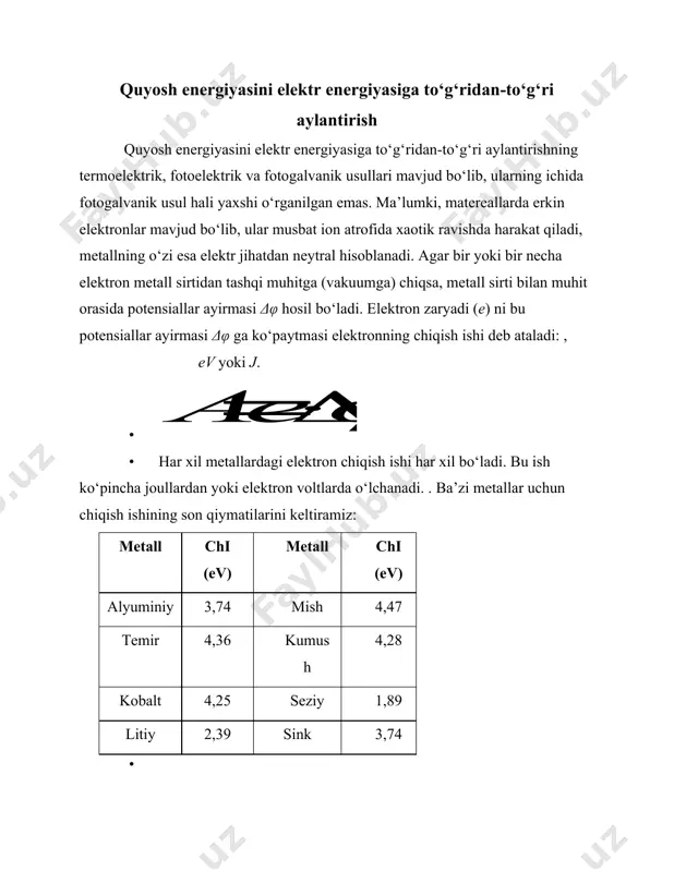 al bo‘lib, metallar tabiatiga bog‘liq: · bunda α – metallning termo eyk koeffitsiyenti. · · uchlari o‘zaro payvandlangan ikkita har xil metalldan yasalgan asbobga termopara yoki termoelement deb ataladi. termoelement kavsharlangan uchi temperaturasi o‘lchanuvchi moddaga va ikkinchi – sovuq uchlari o‘lchov asbobga ulanadi. bir necha termoelementlardan tuzilgan sistemaga termobatareya deb ataladi. · 1908-yilda moskva universiteti proffessori v.serasskiy 100 ta termoelementdan iborat bo‘lgan quyosh batareyasini yaratdi. bu batareya oynaband yashik ichiga joylashgan bo‘lib, elektr qo‘ng‘irog‘ini tok bilan ta’minlab turadi. · · · · asrimiznng 30-yillarida akademik a.f.ioffe termogeneratordan quyosh energiyasini elektr energiyasiga aylantirish masalasini taklif etgan bo‘lsa, 1941-yilga kelib u shunday termogeneratorni ishlab chiqdi. quyosh termoelektrogeneratorlari asosan quyosh konsentratori va termobatareyalardan tashkil topgan. · · · · 1956-yilda g.m.krjijanovskiy nomidagi energetika instituti xodimlari diametri 2m bo‘lgan ko‘zgu fokusiga termogenerator o‘rnatib, issiq va sovuq payvandlar orasidagi temperaturalar farqi 400°с bo‘lganda 21v kuchlanish ostida 18,9 vt quvvat olishga muyassar bo‘ldilar. termogenerator fik 2% …