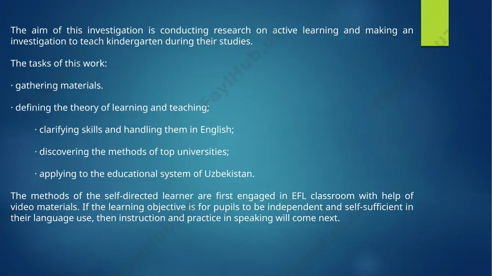 ents, linking words to their definitions, describing characters and their traits, identifying the beginning and end of sentences, determining whether a statement is true or false, changing the structure of sentences, reconstructing the chronological order of events, linking words to their synonyms, filling in tables, explaining the meaning of words or phrases, identifying character dialogues, describing the main and supporting characters, describing their physical appearance, clothing, and events, and linking unrelated sentences to meaningful parts of the text. 1.2. methods of organizing lessons with video materials to fulfill the practical objective of instructing foreign languages, it is necessary for teachers to construct the educational process in a manner that allows students to develop their communicative abilities. considering the inseparable correlation between language and culture, it becomes evident that solely learning language structures would be insufficient. therefore, the course materials must be meticulously chosen and presented in a way that reflects …