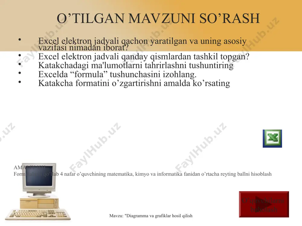 iagramma va grafiklar hosil qilish * nuqtali diagramma(grafik)lar mavzu: "diagramma va grafiklar hosil qilish nuqtali diagrammalarni (grafiklarni) bitta qiymatni o'zgarishini tasvirlash uchun ishlatish qulay mavzu: "diagramma va grafiklar hosil qilish * diagramma tuzishda kerakli tushunchalar toifalar - diagrammada aks ettirilayotgan (ustun yoki satrdagi) ma'lumotlar nomlari. masalan: 26-maktab, 4-mart, 8-a qiymatlar - ma'lumotlarning sonli miqdori masalan: 88, 102, 30… ko'lam (diapazon) - diagrammada aks etishi kerak bo'lgan ma'lumotlar joylashgan satr, ustun yoki bloklar o'q (ocь) - tanlangan birliklarda koordinatalar sistemasi o'qini ifodalaydigan va diagramma tuzish sohasini chegaralab turuvchi chiziq. doiraviy va halqali diagrammalarda o’qlar bo’lmaydi. mavzu: "diagramma va grafiklar hosil qilish mavzu: "diagramma va grafiklar hosil qilish diagramma tuzishda kerakli tushunchalar qiymatlar markeri - bitta katakchaning qiymatini ifodalaydigan diagrammaning turli shakldagi soha, nuqta, segment yoki boshqacha ko'rinishdagi elementi mavzu: "diagramma va grafiklar hosil qilish qiymatlar markeri mavzu: "diagramma va grafiklar hosil qilish diagramma tuzishda kerakli tushunchalar qiymatlar shkalasi - o'qlar bo'laklarinining …