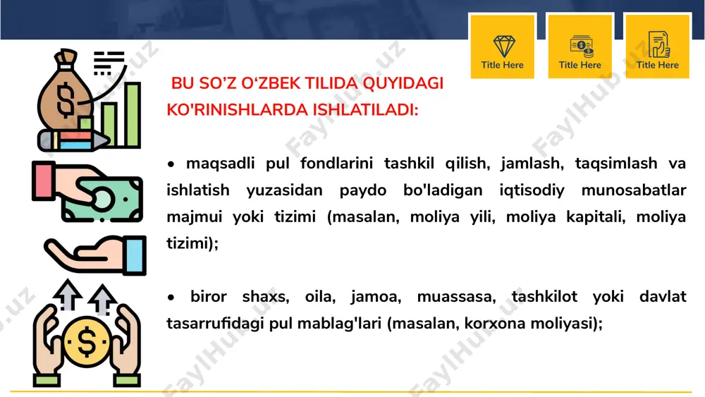 oliyaning funksiyalari . 3. takror ishlab chiqarish va moliya . 4. moliyaning taraqqiyoti . reja: reja: 1. moliyaning ijtimoiy-iqtisodiy mohiyati. «moliya» arabcha so'z bo'lib o'zbek tilida «pul mablag'lari» ma’nosini anglatadi. title here title here title here so’zga ta’rif bu so’z o‘zbek tilida quyidagi ko'rinishlarda ishlatiladi: • maqsadli pul fondlarini tashkil qilish, jamlash, taqsimlash va ishlatish yuzasidan paydo bo'ladigan iqtisodiy munosabatlar majmui yoki tizimi (masalan, moliya yili, moliya kapitali, moliya tizimi); • biror shaxs, oila, jamoa, muassasa, tashkilot yoki davlat tasarrufidagi pul mablag'lari (masalan, korxona moliyasi); title here title here title here ta’rif lug'aviy ma’nosi jihatidan «moliya» so'zi fransuzcha «finance» , lotincha «fnancia» va ruscha «finansi» so'zlarining ekvivalenti yoki ma’lum ma’noda sinonimi hisoblanib, eng avvalo, «daromad», «pul mablag'lari» yoki «to'lov» degan ma’nolarda ham ishlatiladi. kengaytirilgan takror ishlab chiqarish uchun sharoitlarni ta’minlash hamda davlatning funksiyalari va vazifalarini bajarish maqsadida markazlashtirilgan va markazlashtirilmagan pul mablag'lari fondlarinjrshakllantirish, taqsimlash va foydalanish bilan bog'liq bo'lgan iqtisodiy …