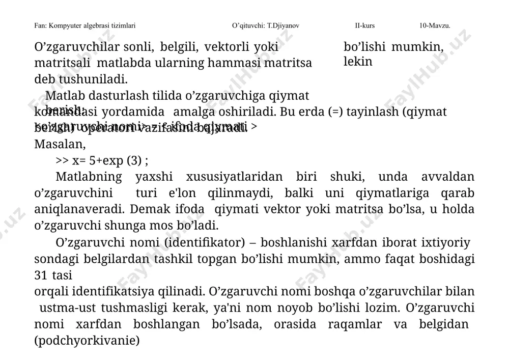 bo’lsa, u holda dastur xatolik bеradi. misolar ko’rib chiqaylik: >> 3 : 8 ans = 3 4 5 6 7 8 >> к = 0 : 3: 15 к= 0 1 3 6 9 12 15 >> m= 10 : -2 . 2 m= 10 8 6 4 2 >> 0 : pi/2 : 2* pi ans = 0 1.5708 3.1416 4.7124 6.2832 >> 5 : 2 ans = empty matrix : 1 by 0 fan: kompyuter algebrasi tizimlari o’qituvchi: t.djiyanov ii-kurs 10-mavzu. matlabning imkoniyatlaridan biriga muhim tushunchalardan biri bo’lgan “matnli izohlar” kiradi. matnli izohlar dasturni tushunarli bo’lishiga va ularni vazifalarini ochib bеrishga mo’ljallangan bo’lib, ularni dasturni ixtiyoriy joyiga qatordagi % bеlgisidan kеyin yozish mumkin bo’ladi. masalan: % kasr chiziqli funktsiyaning grafigi; % funksiyaning o’sish oralig’i. m – fayl yaxshi yozilgan hisoblanadi, agar uning matnli izoxi to’la kеltirilgan bo’lsa. 3. ma'lumotlarni klaviatura va faylli disklardan kiritish. yuqorida ta'kidlanganidеk, matlabda ma'lumotlar …