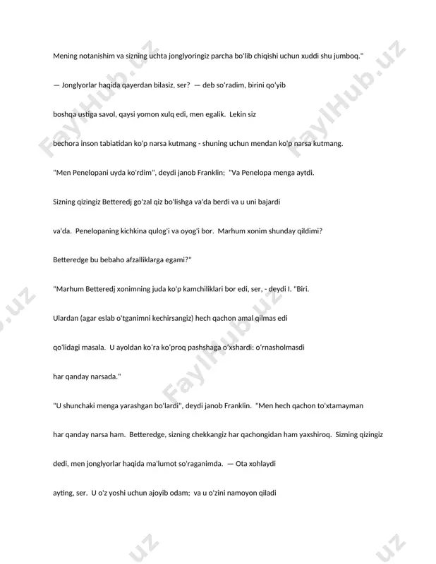 'lganida - dedi u mendan keyin bosh jonglyorning ikkita savolini takrorladi bolaga qo'ying - shekilli, ularni aqliga yaxshi o'rnatish uchun. ""ingliz janoblari shu uyga boradigan yo'ldami, boshqa yo'ldami? bugun sayohat qiladimi? — ingliz janobida u haqida gap bormi? men gumon qilaman" - deydi janob franklin cho'ntagidan muhrlangan qog'oz posilkasini chiqarib, - bu "bu" bu degani. "bu," betteredj, amakim hernkaslning mashhurligini anglatadi olmos." "yaxshi rabbiy, janob!" men: «qanday qilib siz yovuzlarning ustidan hukmronlik qilasiz? polkovnik olmosi?" "yovuz polkovnikning vasiyatiga ko'ra, olmos mening tug'ilgan kunimga sovg'a sifatida qoldi amakivachchasi reychel, - deydi janob franklin. - va mening otam, yovuz polkovnik kabi. ijrochi, bu yerga tushirishni menga topshirdi." agar dengiz titrayotgan qum ustida silliq oqib chiqsa edi o'z ko'zim oldida quruq erga aylandi, men ko'proq bo'lishimga shubha qilaman janob franklin bu so'zlarni aytganida men hayratda qoldim. — polkovnikning olmosi miss reychelga qoldi! — deydi men. — sizning otangiz, ser, polkovnikning ijrochisi! nima bo'lganda …